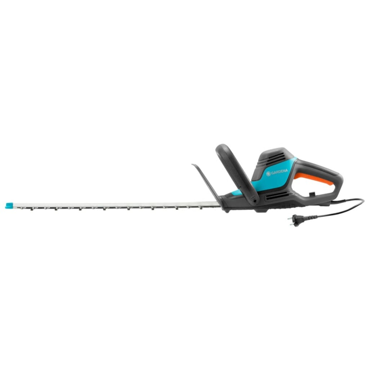 Heckenschere mit langem Messer und schwarzem Griff. Der Hintergrund ist weiß.