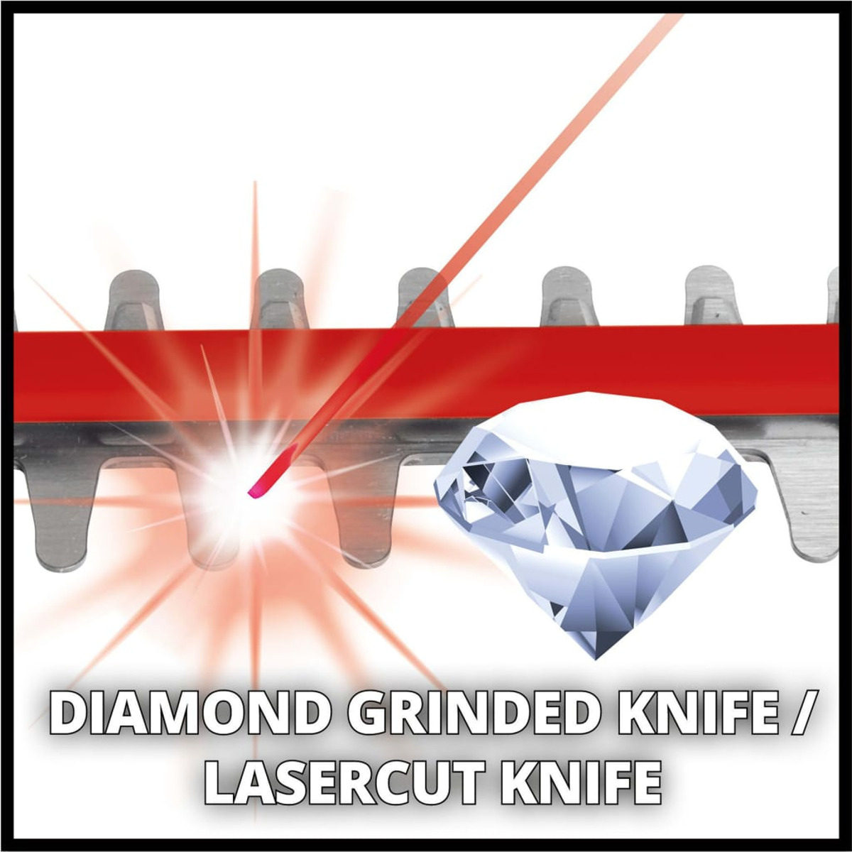 Gros plan d'une lame de taille-haie, d'un diamant et d'une ligne laser rouge.