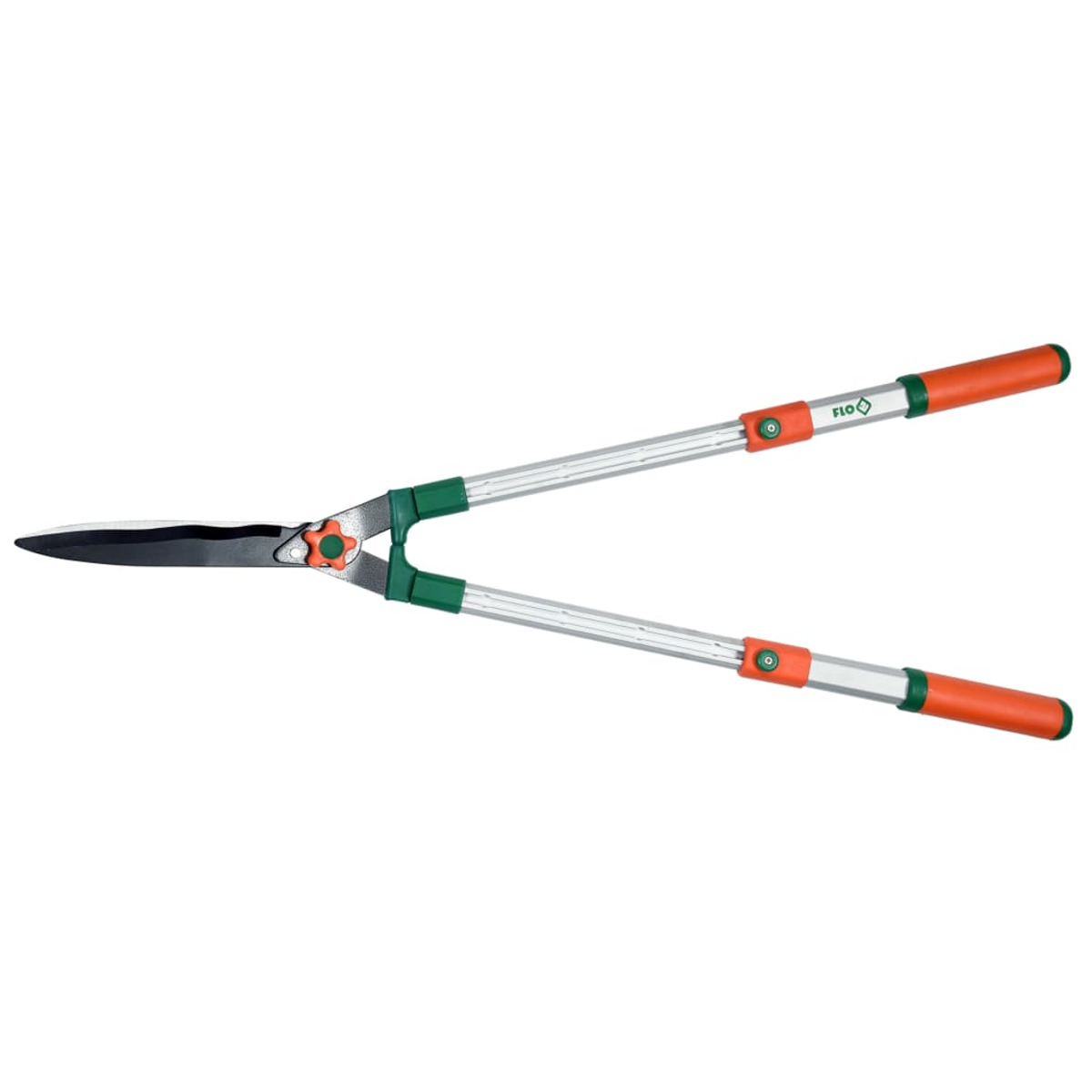 Große Heckenscheren. Die Scheren sind silberfarben mit orangefarbenen und grünen Griffen.