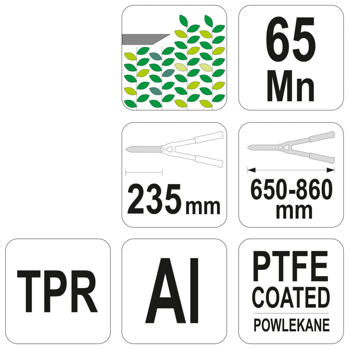 Diagramm von Gartengeräten, Maße in mm und Materialspezifikationen.