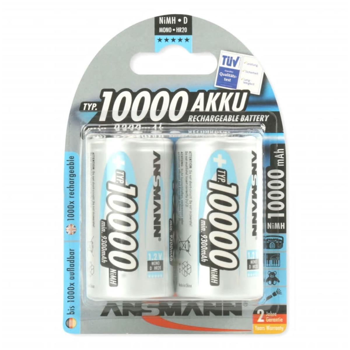 Zwei AA-Batterien in einer Blisterverpackung. Text sagt 10000 mAh Akkus.