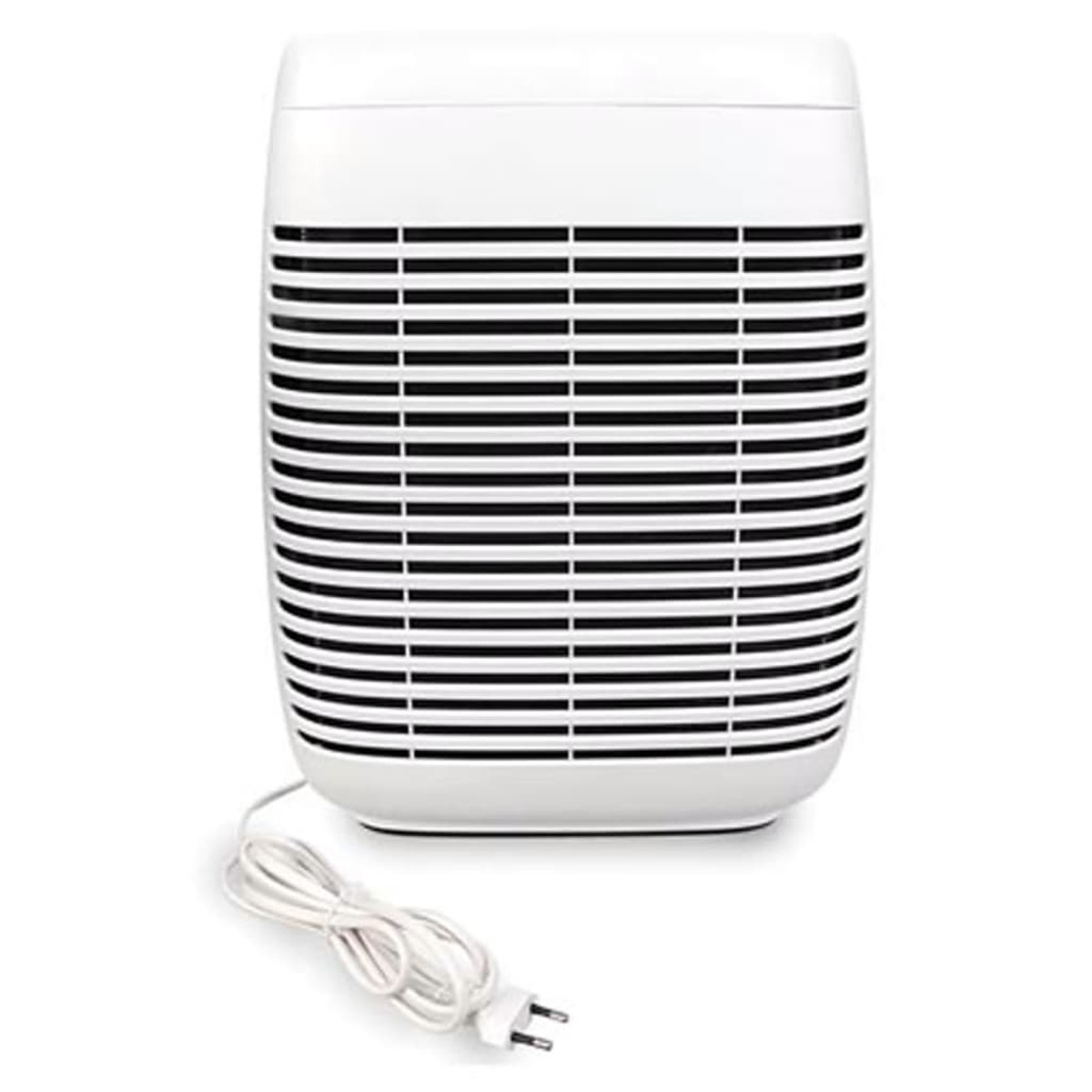 Purificatore d'aria bianco con linee nere orizzontali e cavo di alimentazione.