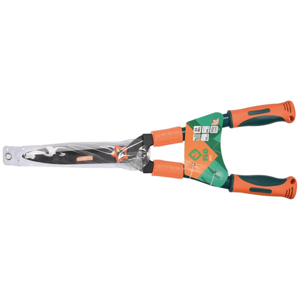 Grüne und orange Heckenscheren in Kunststoffverpackung, FLO-Branding.