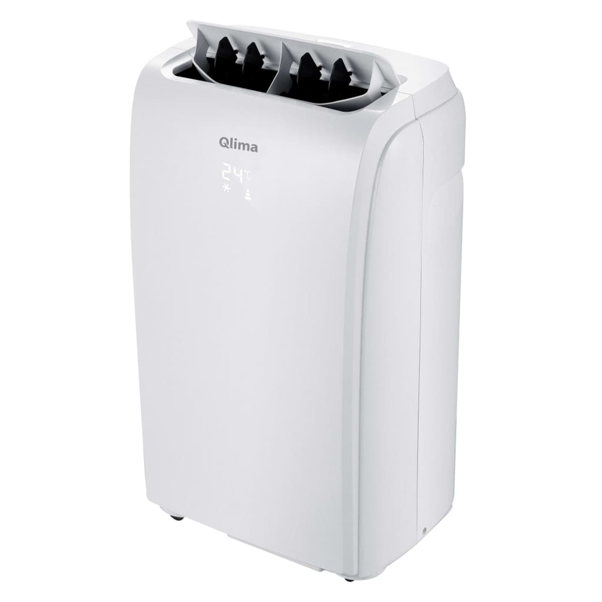 White portable air conditioner with a digital display, isolated on a white background.