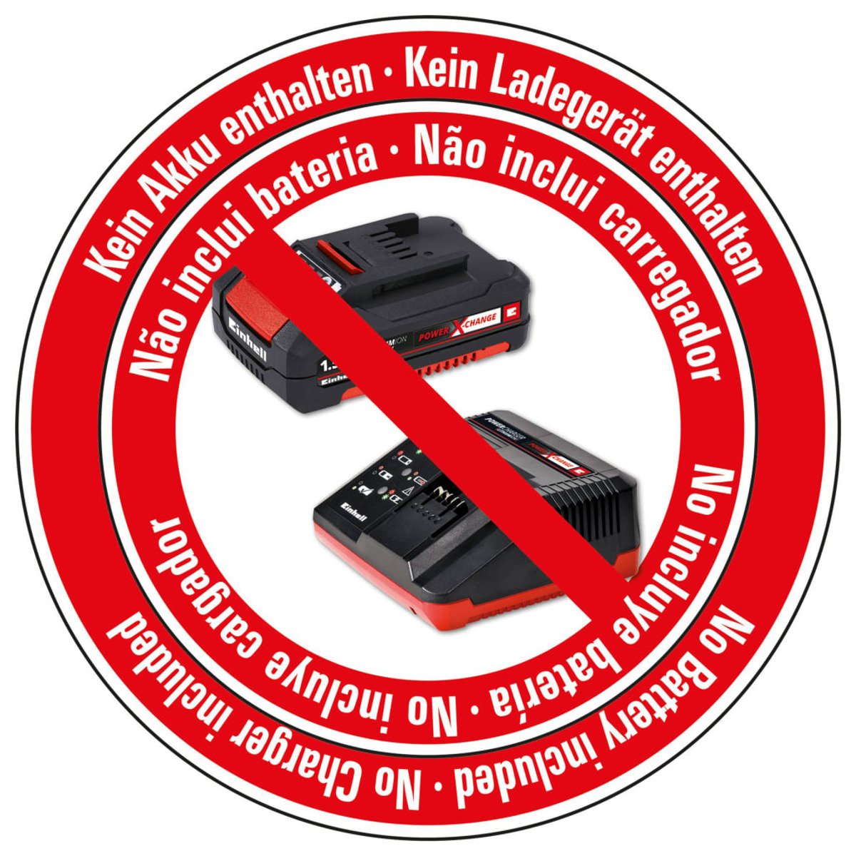 Pegatina redonda con texto multilingüe: 'No incluye batería' y 'No incluye cargador'.