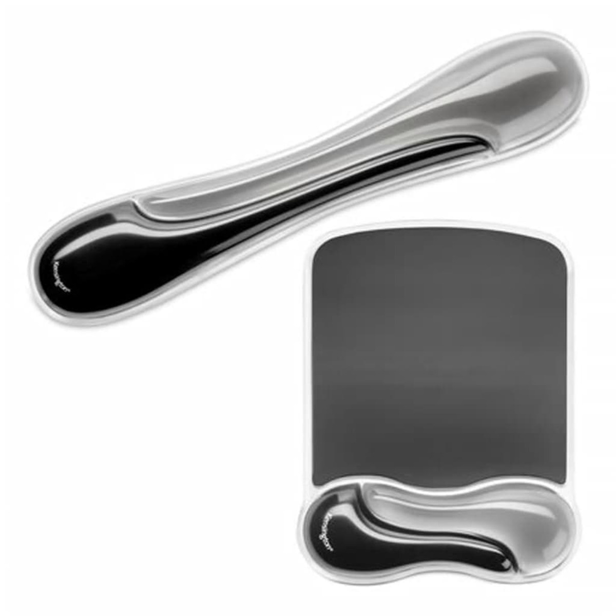 Ergonomische muismat en polssteun in zwart en zilver.