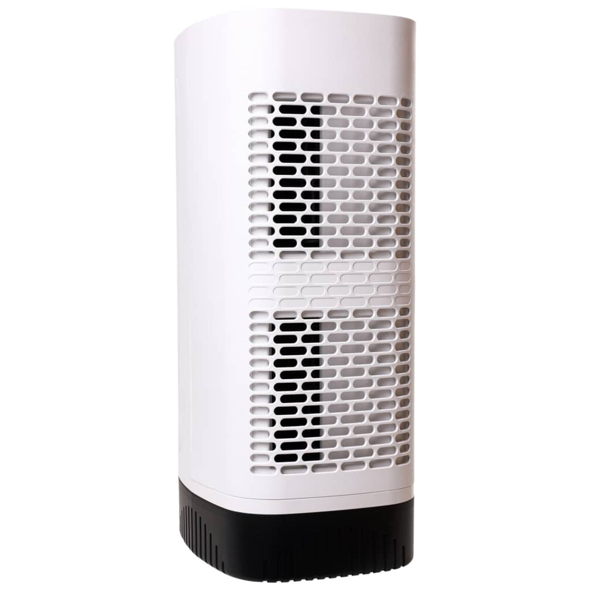 Purificatore d'aria bianco con base nera e design a griglia frontale.