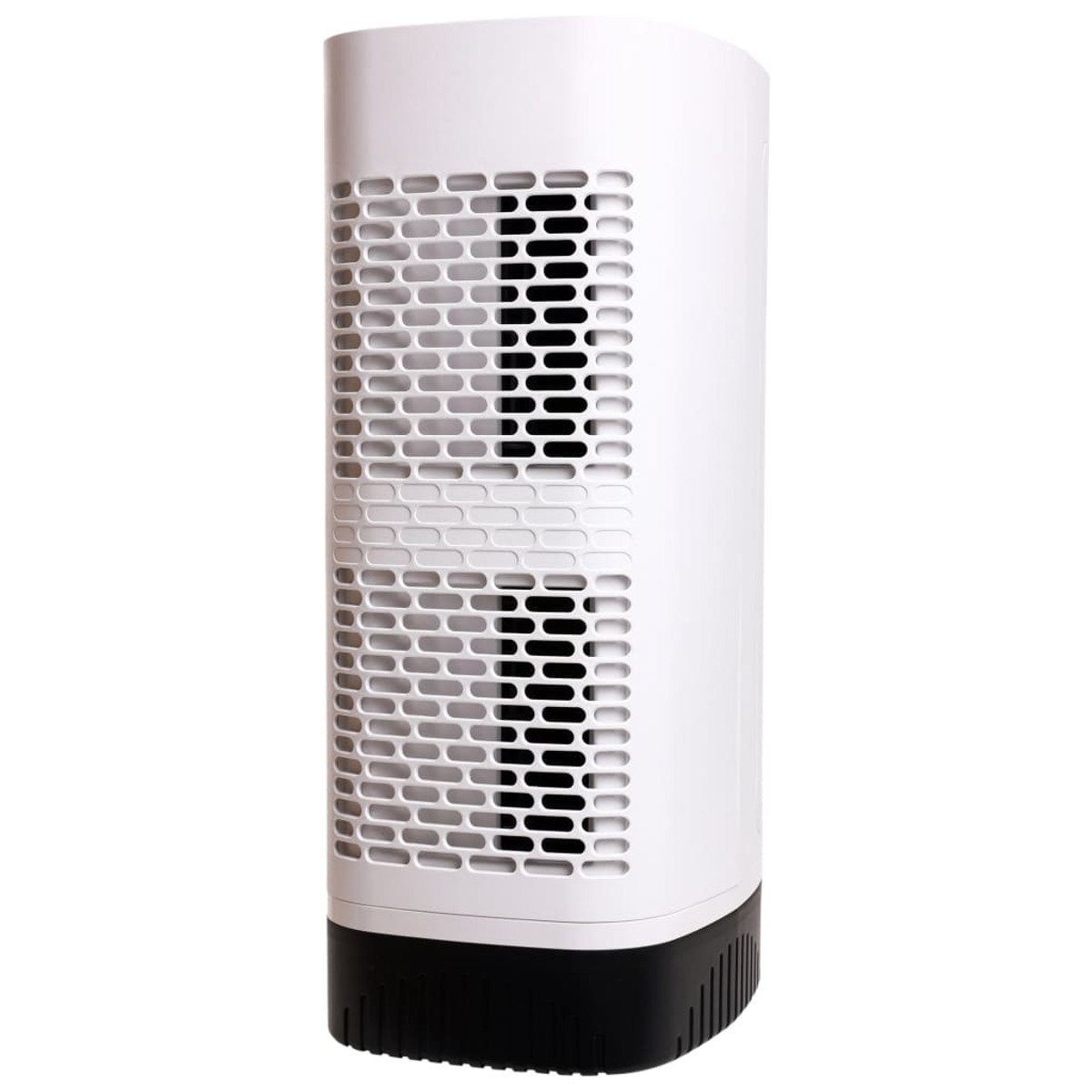 Purificatore d'aria bianco con dettagli neri. Design perforato sul fronte.