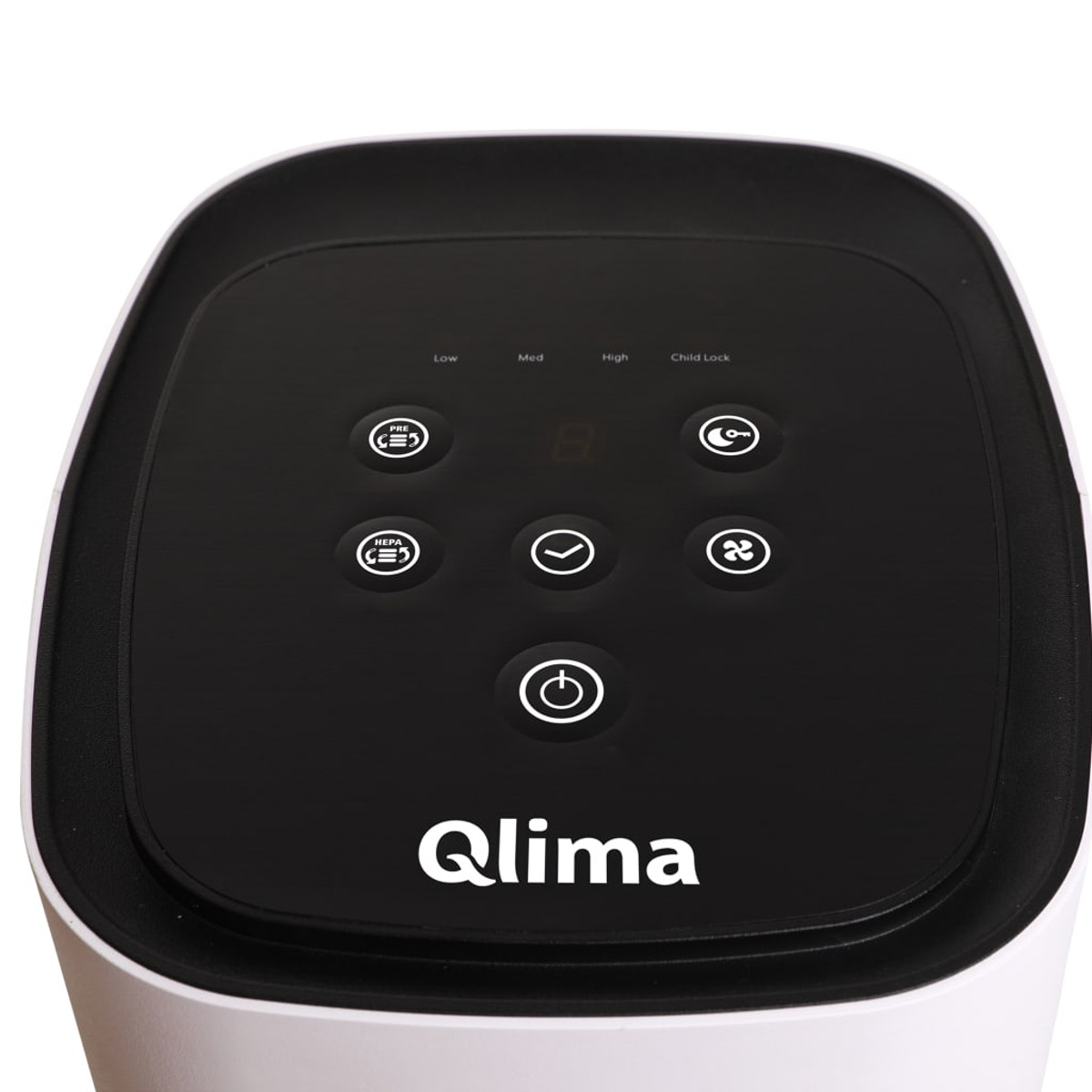 Pannello di controllo del purificatore d'aria con pulsanti 'Low', 'Med', 'High', 'Child Lock' e display.