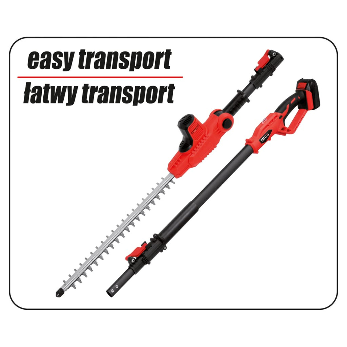 Zwei rot-schwarze Heckenscheren mit dem weißen Text 'easy transport' links.
