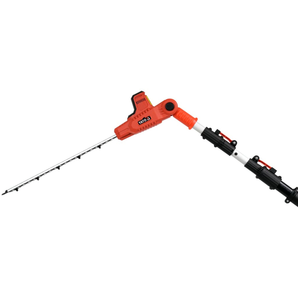 Eine orangefarbene und schwarze YATO Heckenschere mit verlängertem Arm.