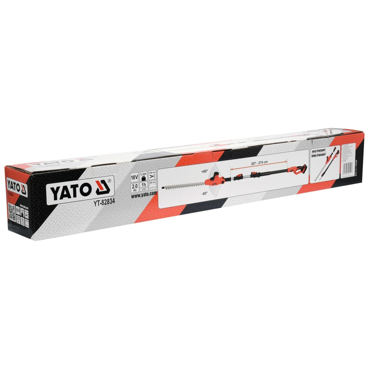 Eine lange Schachtel mit einem Heckenscherenbild und der Marke 'YATO'. Sie ist weiß, schwarz und rot.