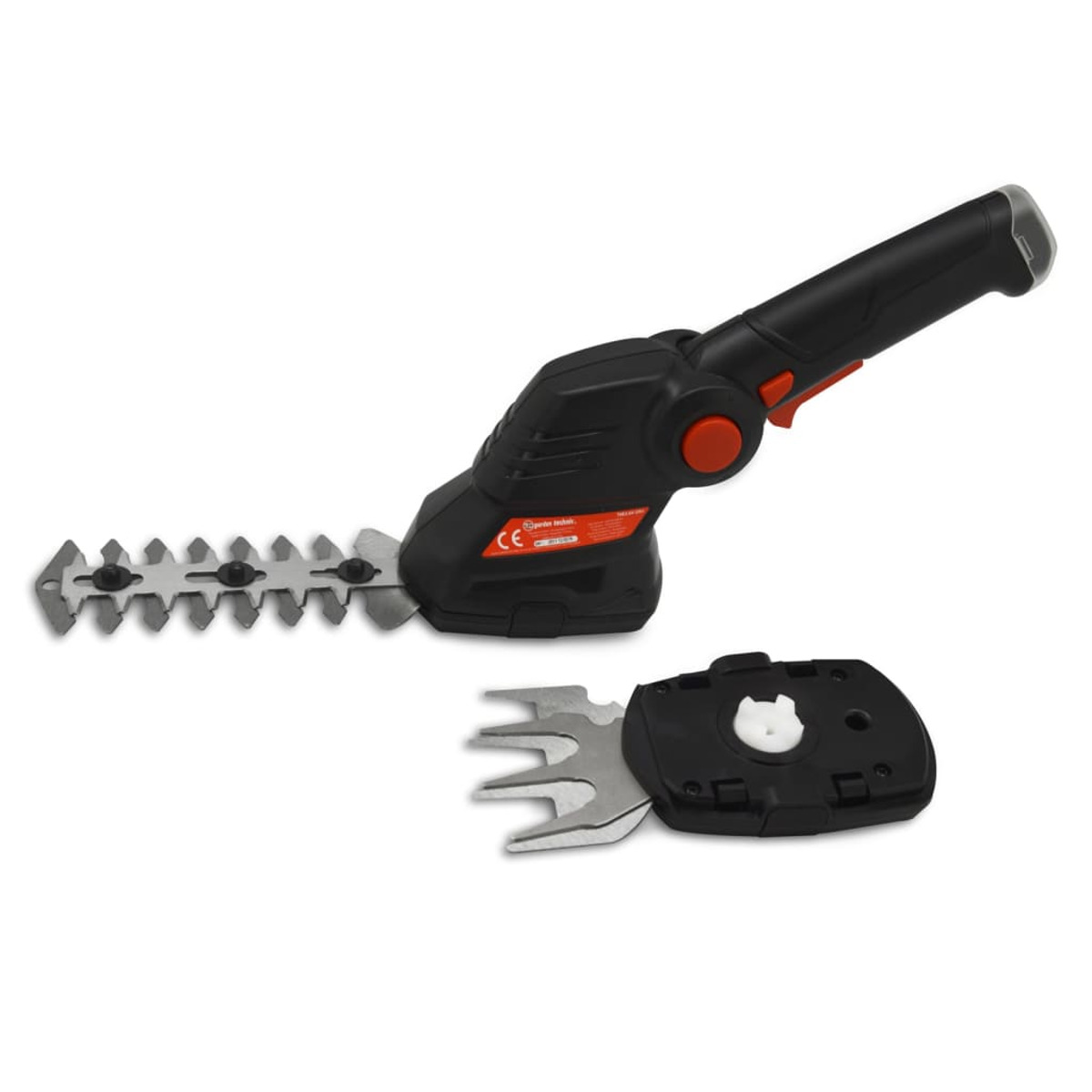 Schwarz-roter elektrischer Heckenschneider mit zwei Klingen, eine befestigt und eine Ersatzklinge.