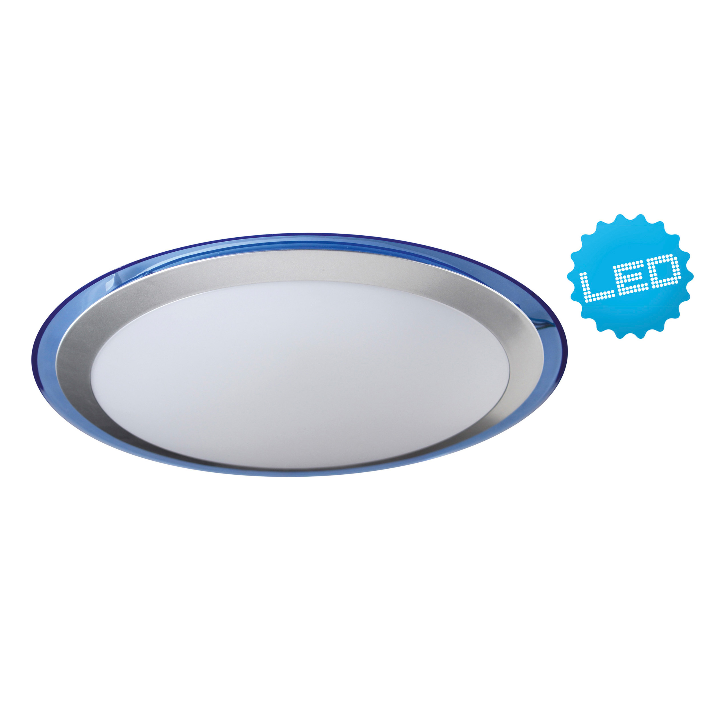 Ovale Deckenleuchte mit blauem Rand und silbernem Innenring. Ein blauer LED-Aufkleber befindet sich in der rechten Ecke.