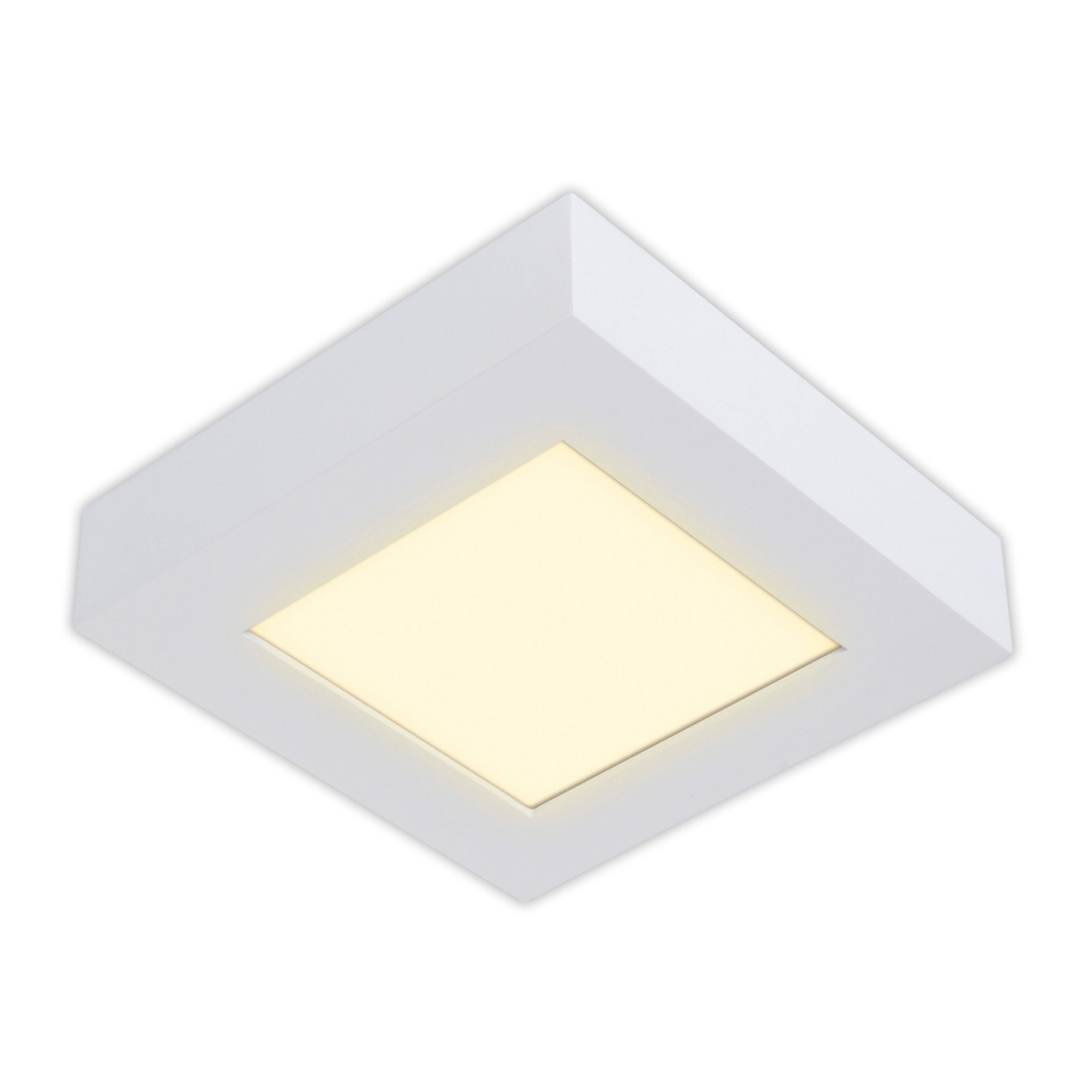 Quadratische, weiße Deckenleuchte mit einem zentrierten gelben Licht.