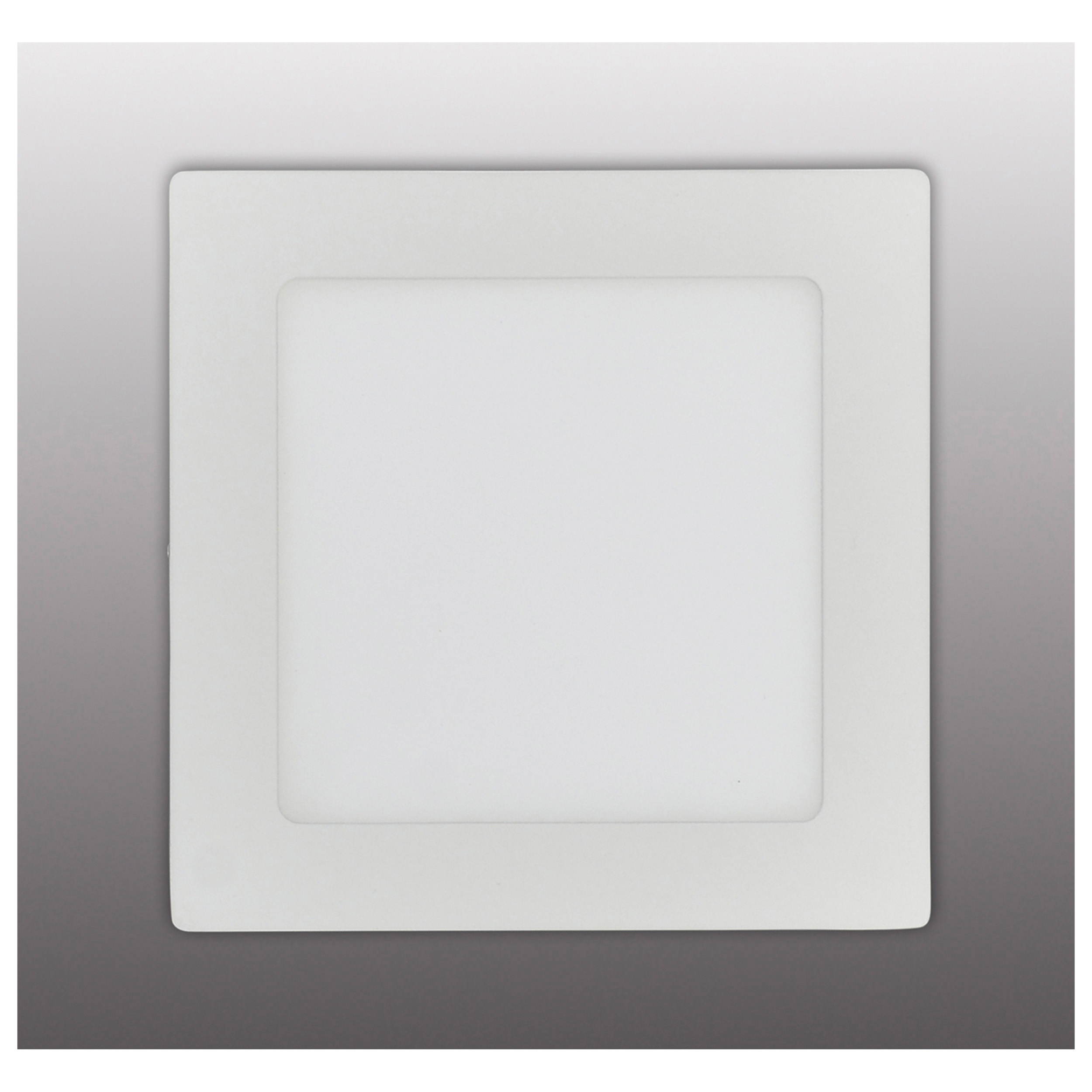 Ein quadratisches, weißes LED-Panel, das helles Licht aussendet, eingelassen in grauem Hintergrund.