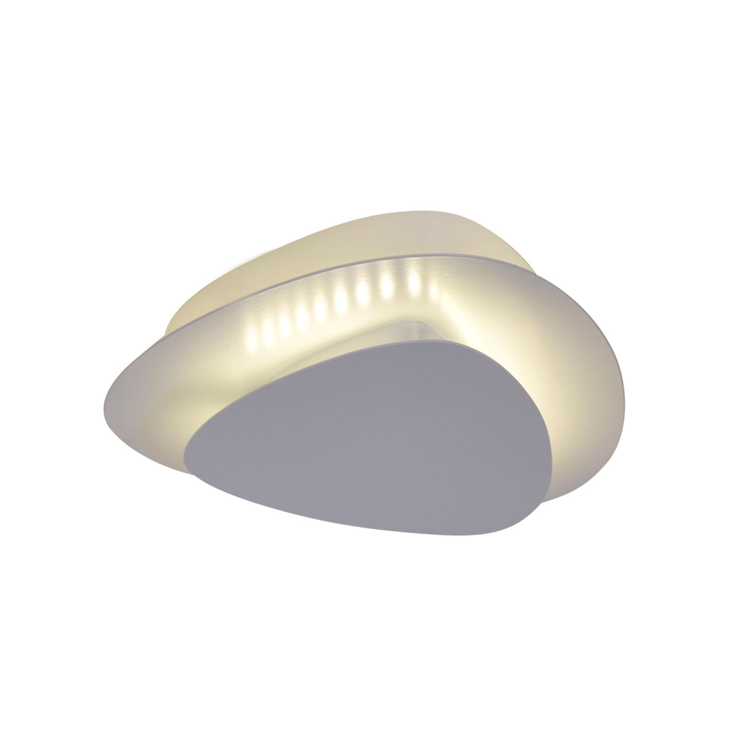 Moderne weiße und graue Deckenleuchte mit fließendem Design, das weiches Licht aussendet.