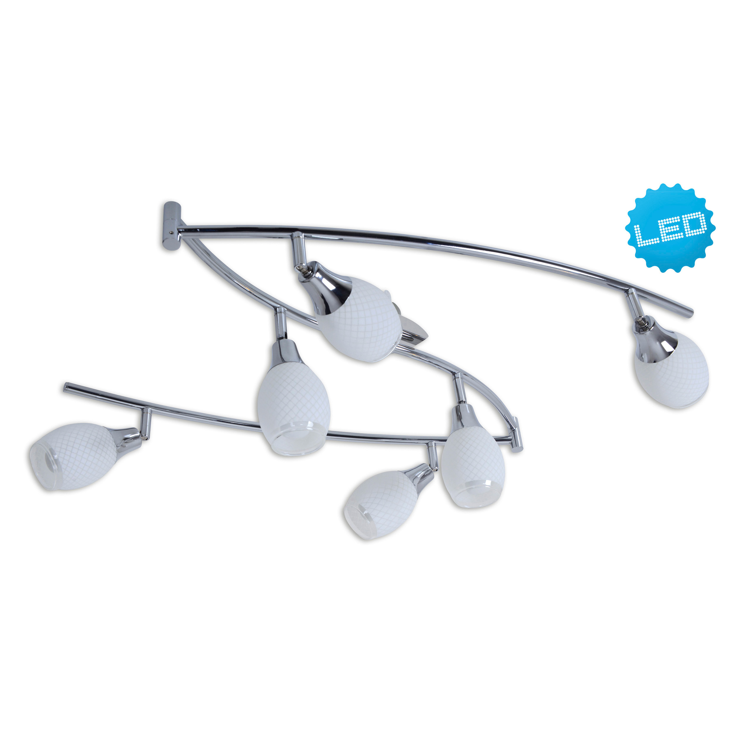Silberne Schienenleuchte mit sechs weißen Glühbirnen aus Glas. LED-Etikett vorhanden.