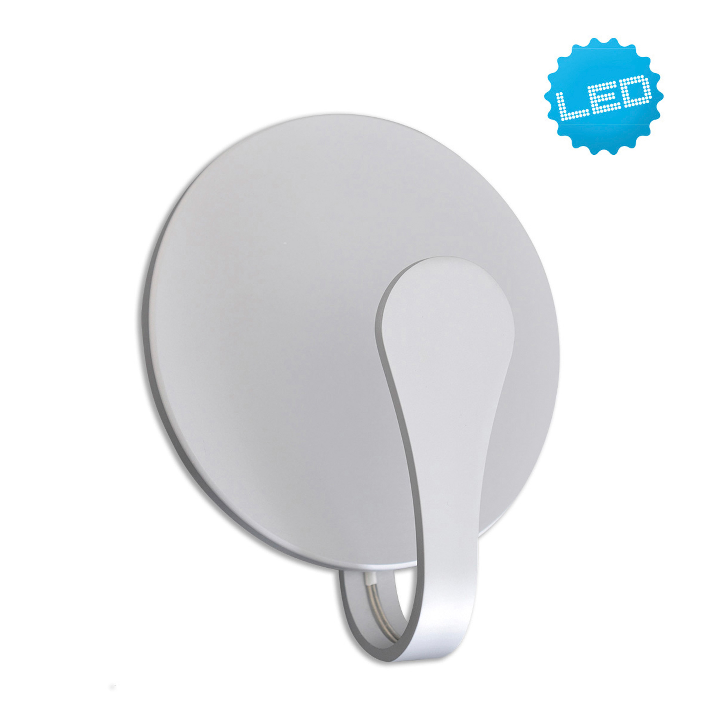 Runde, weiße LED-Leuchte mit einem gebogenen Arm. Ein blauer LED-Aufkleber befindet sich in der Ecke.