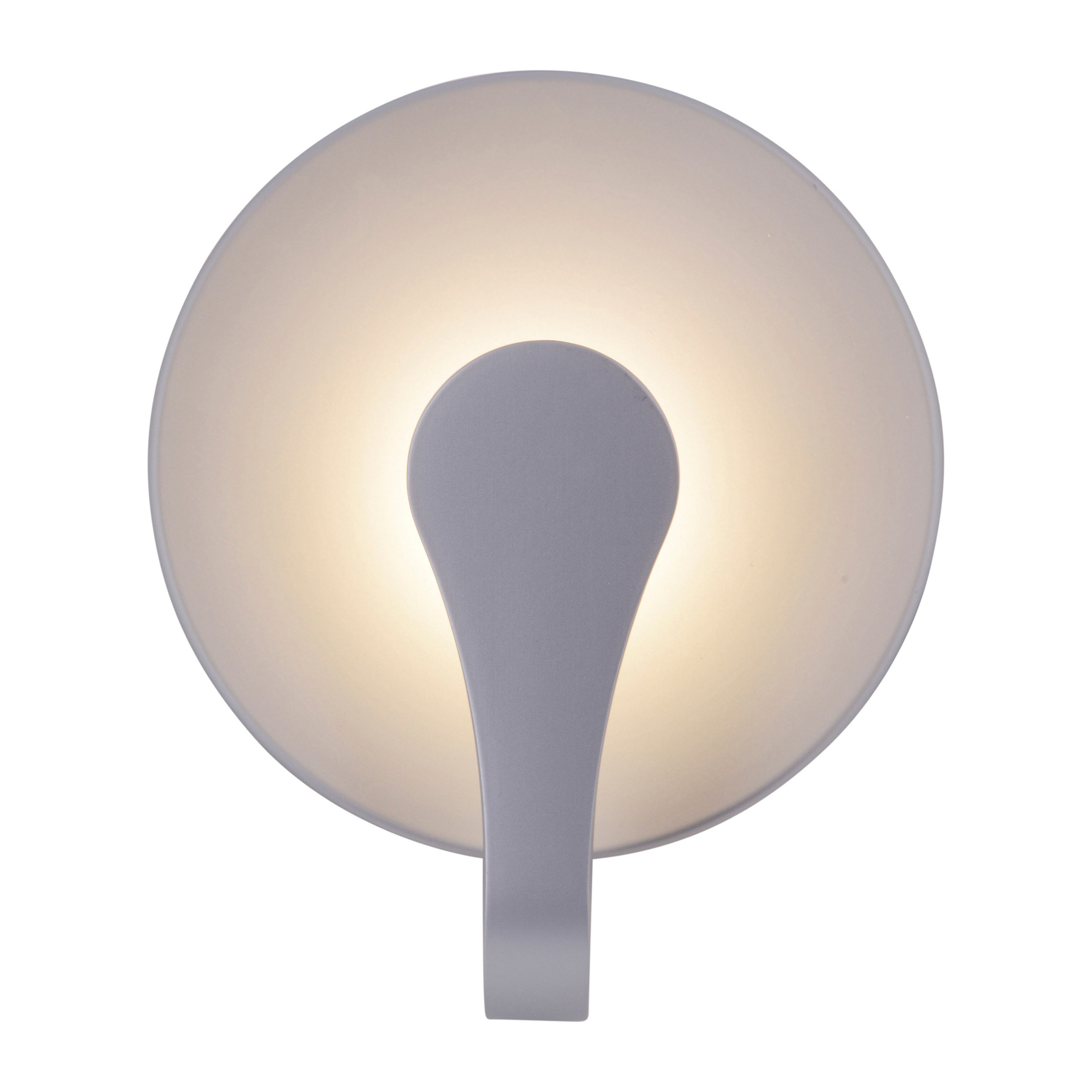 Eine weiß-rückseitige, weiß-frontseitige Wandleuchte mit Lichtaustritt und gebogenem Griff.