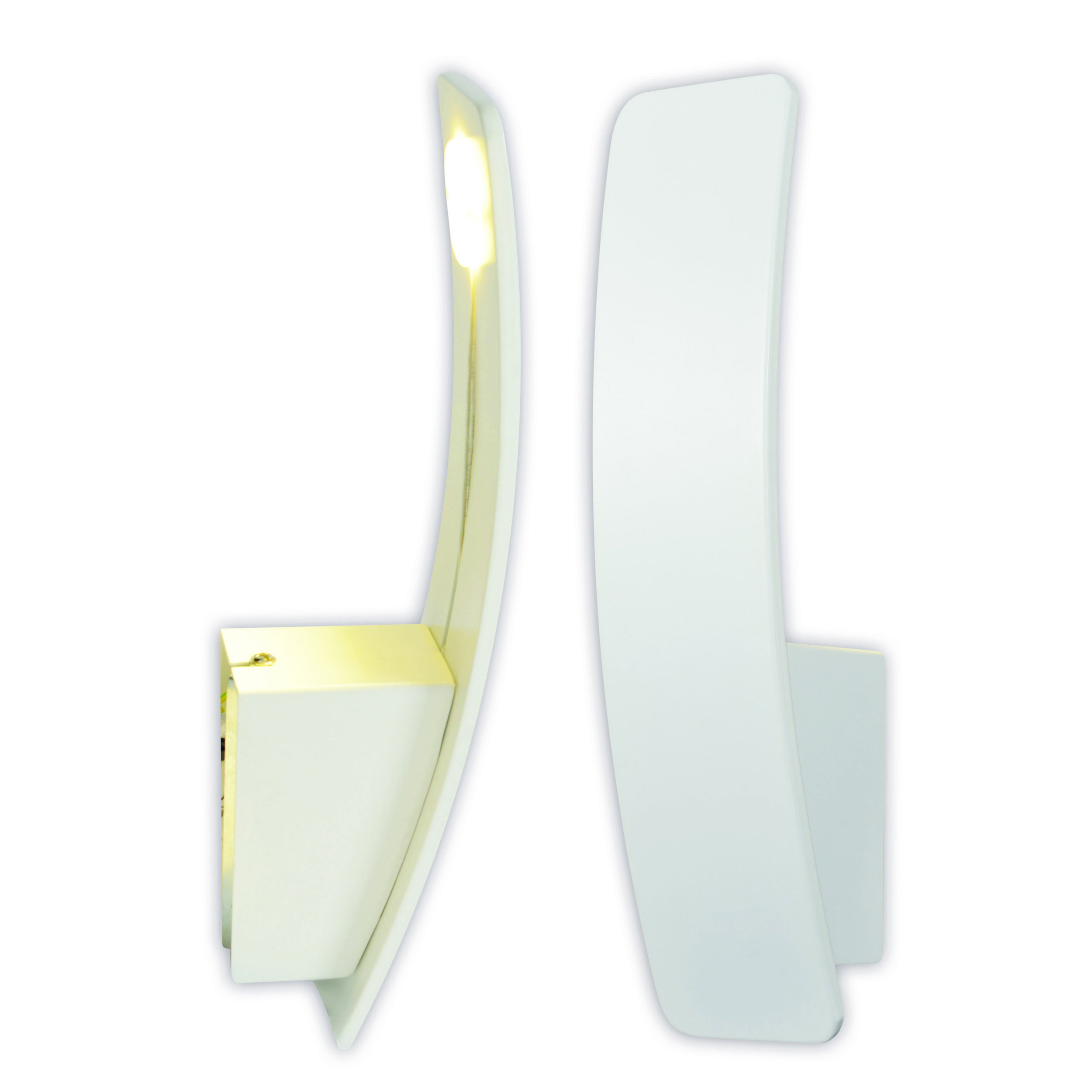 Zwei weiße Wandlampen mit geschwungenem Design, eine beleuchtet und eine im Seitenprofil.