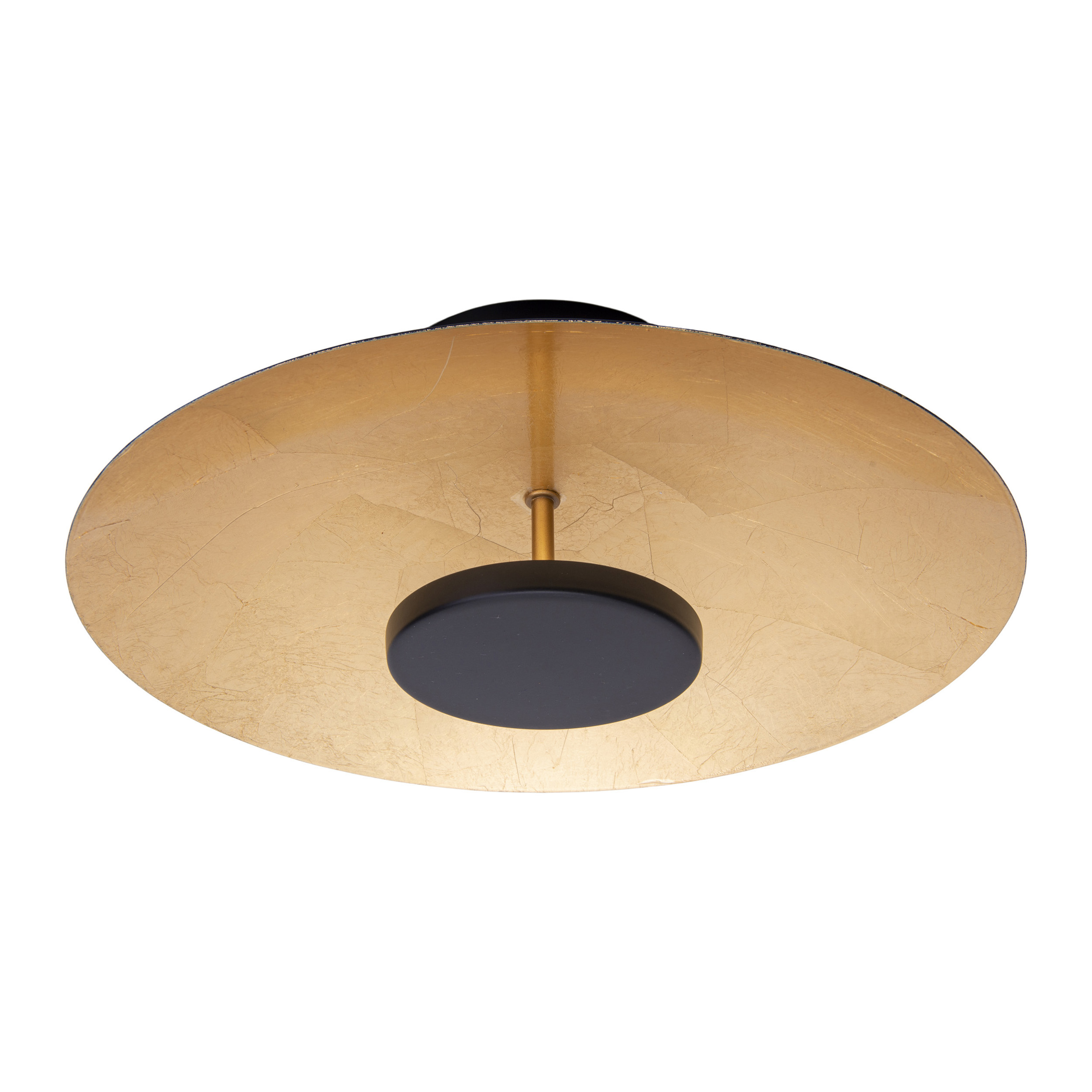 Goldene und schwarze Deckenlampe, mit einem Blattgold-Schirm und schwarzem Zentrum.