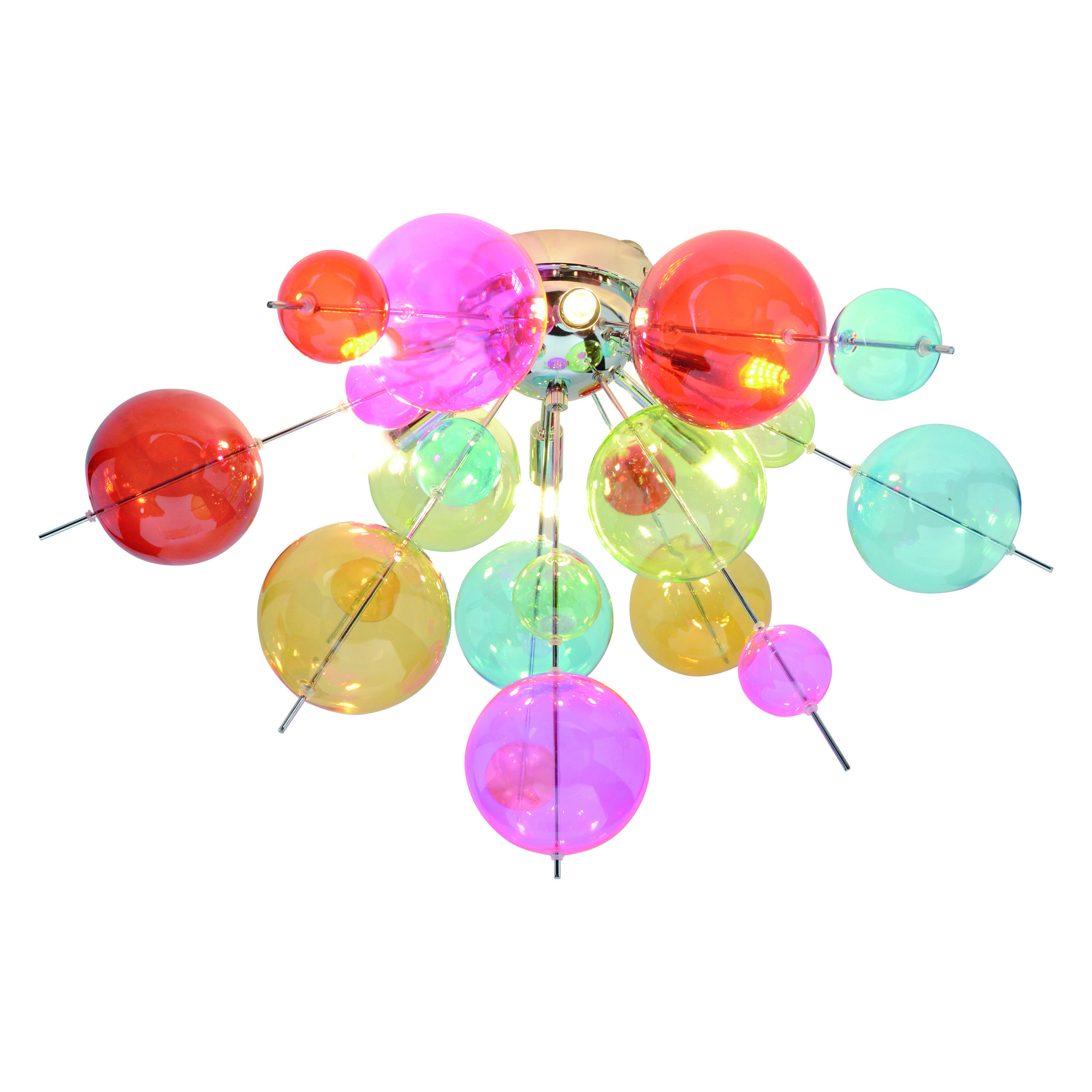 Ein Kronleuchter mit vielen Glaskugeln in verschiedenen Farben. Die Lichter sind hell. Der Hintergrund ist weiß.
