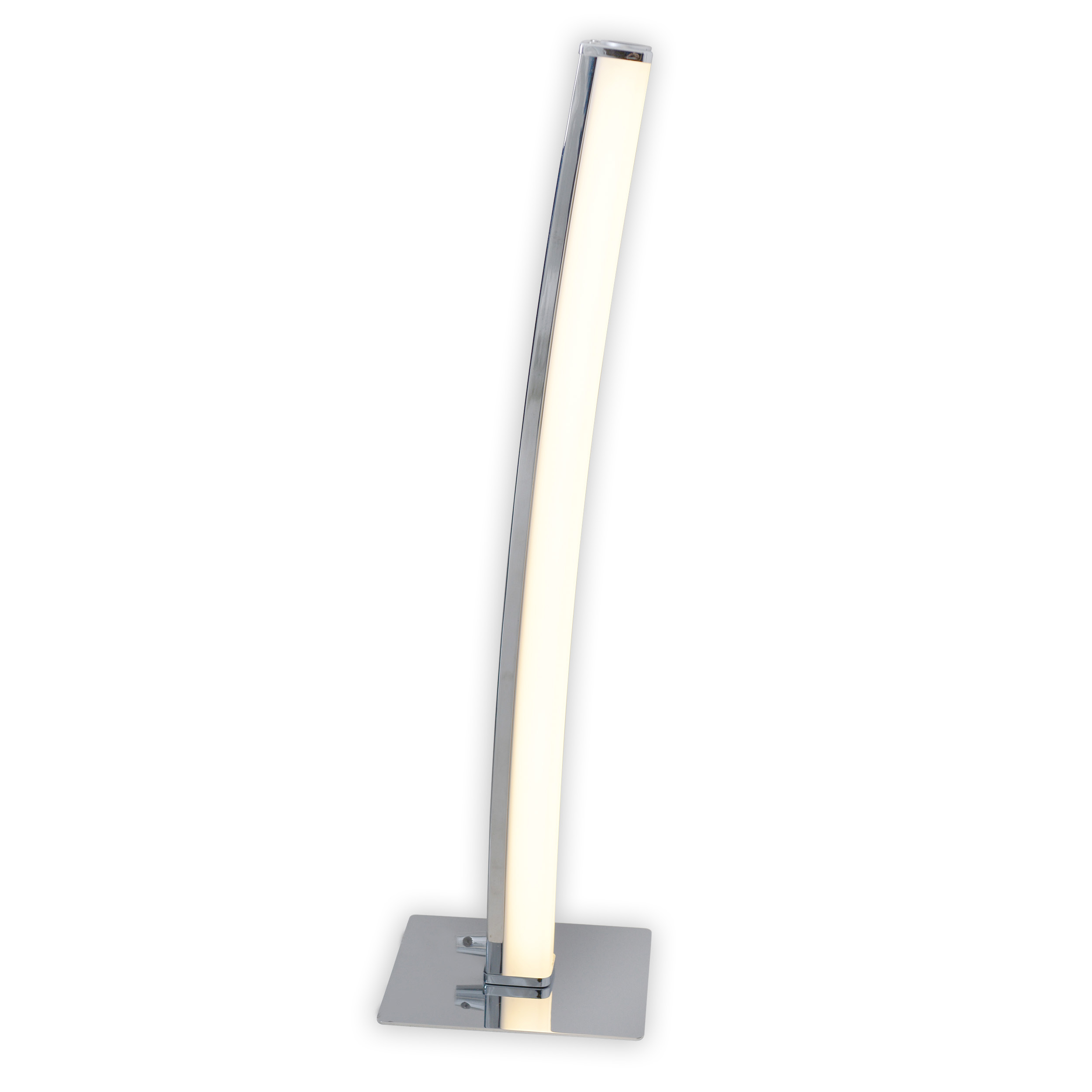 Eine hohe, gebogene, silberne LED-Stehlampe auf weißem Hintergrund. Sie hat einen rechteckigen Sockel.