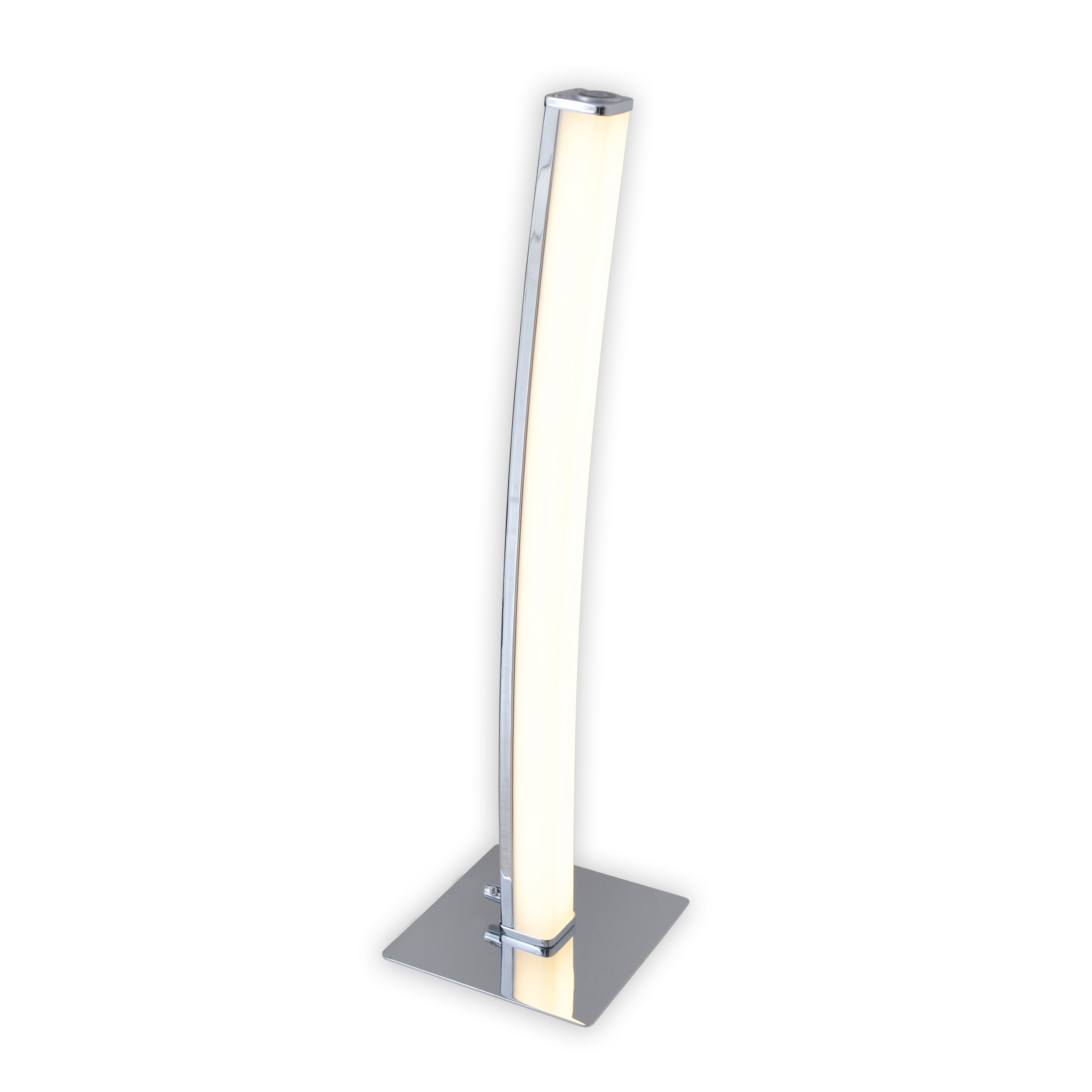 Hohe, silberne Stehlampe mit vertikalem Lichtstreifen. Sie hat einen quadratischen Sockel.