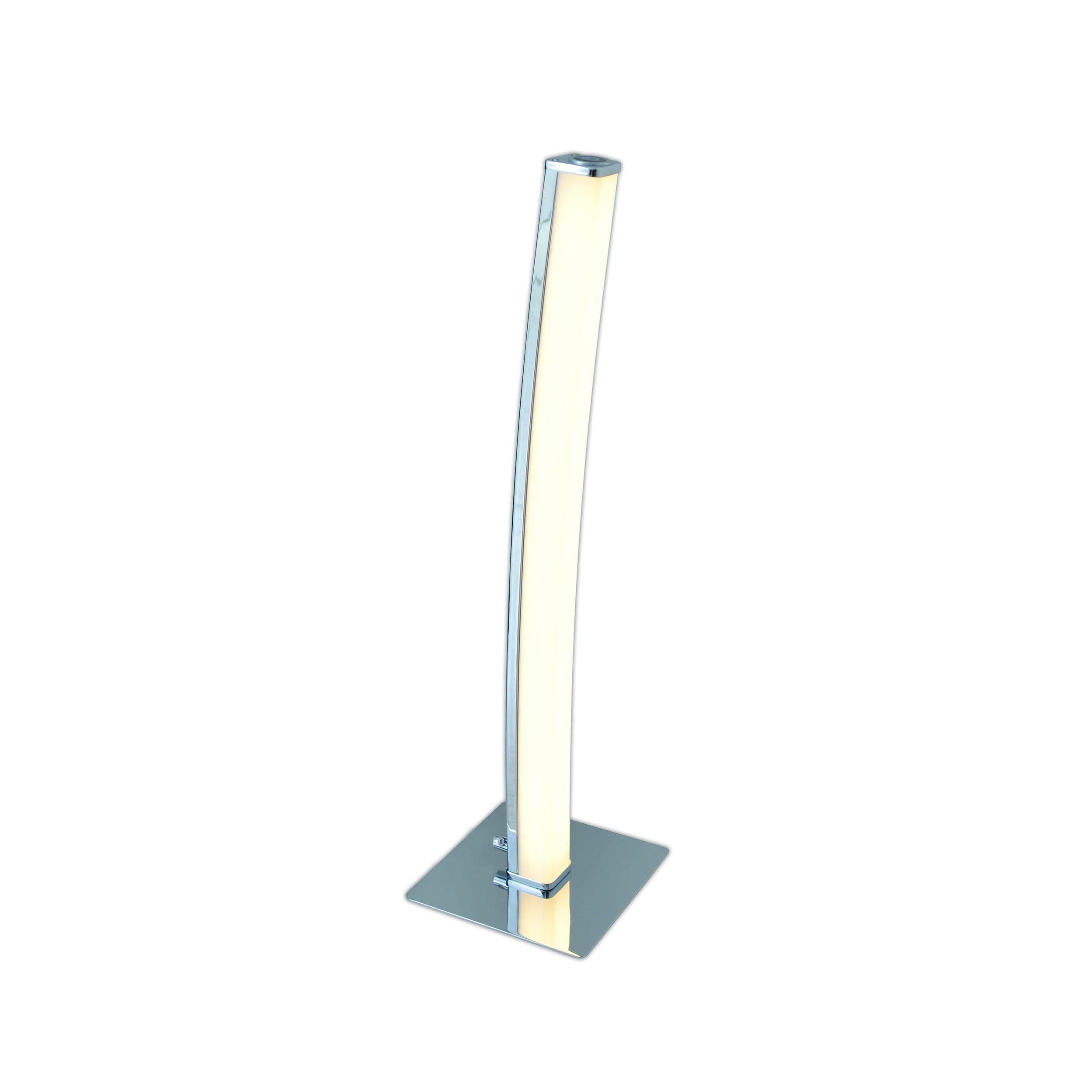 Eine moderne Chromlampe mit vertikalem Licht. Sie hat einen quadratischen Sockel.