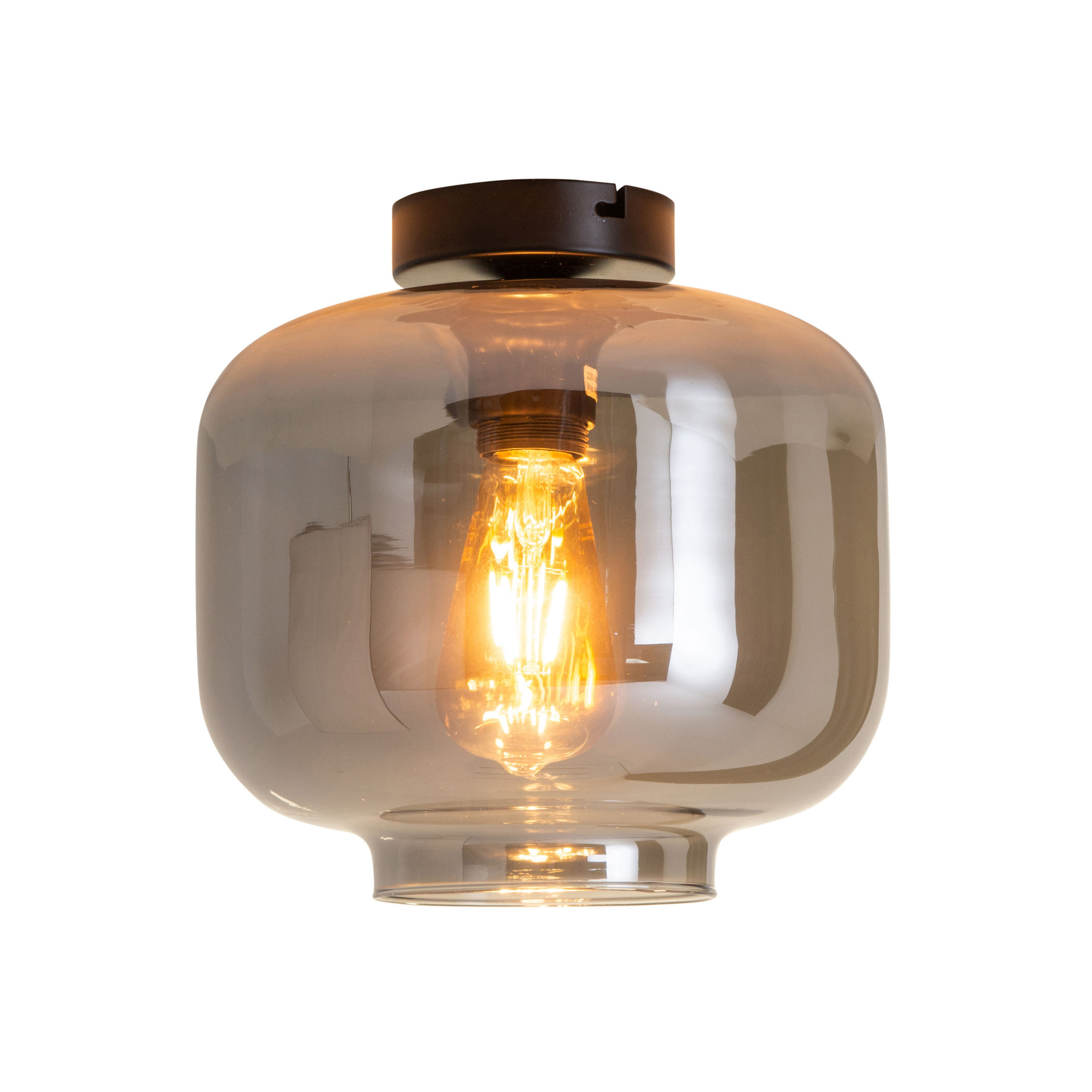 Lampe en verre gris avec une ampoule à filament jaune à l'intérieur, dessus noir.