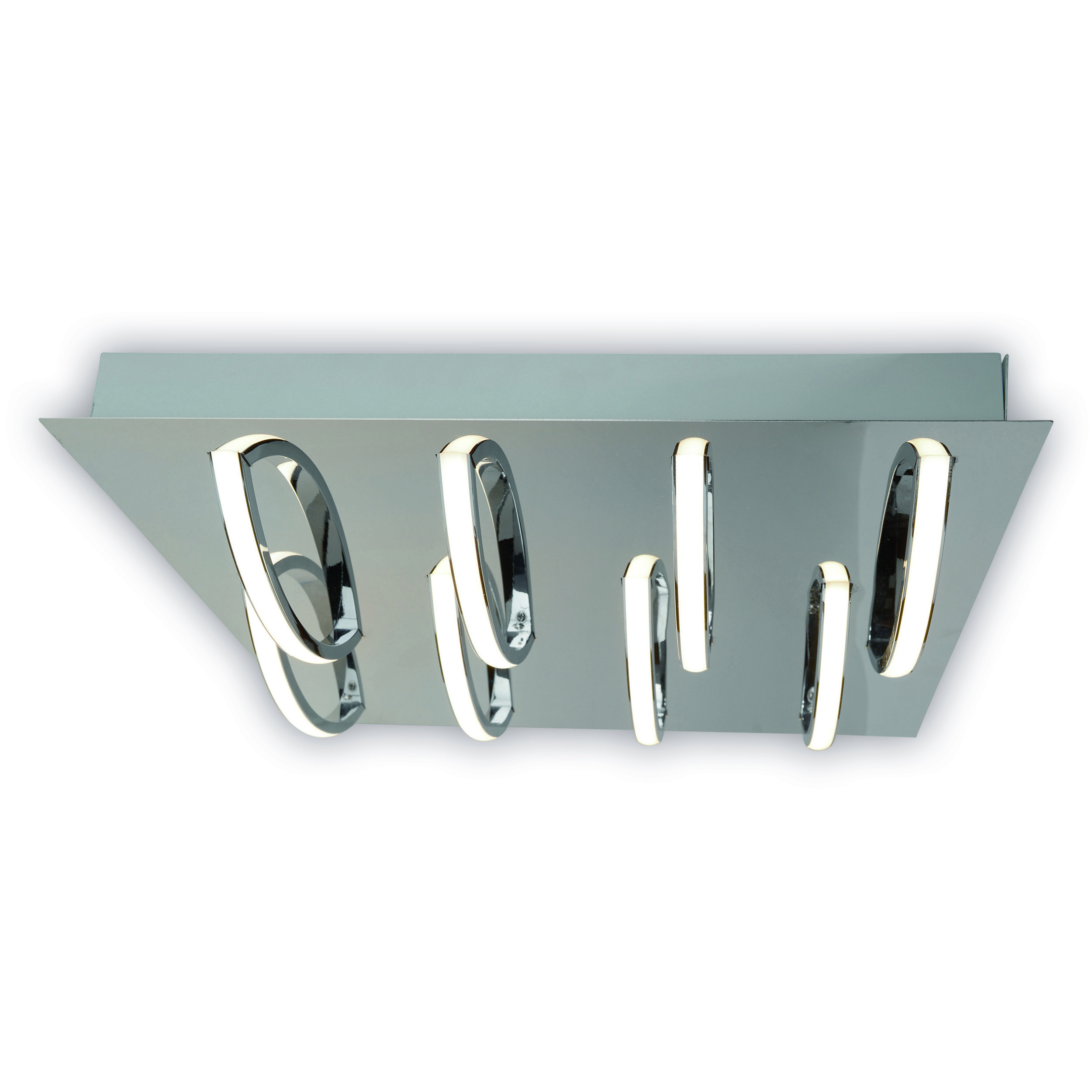 Eine moderne Deckenleuchte mit mehreren gebogenen und beleuchteten Elementen. Sie ist auf einer quadratischen Metallplatte montiert.