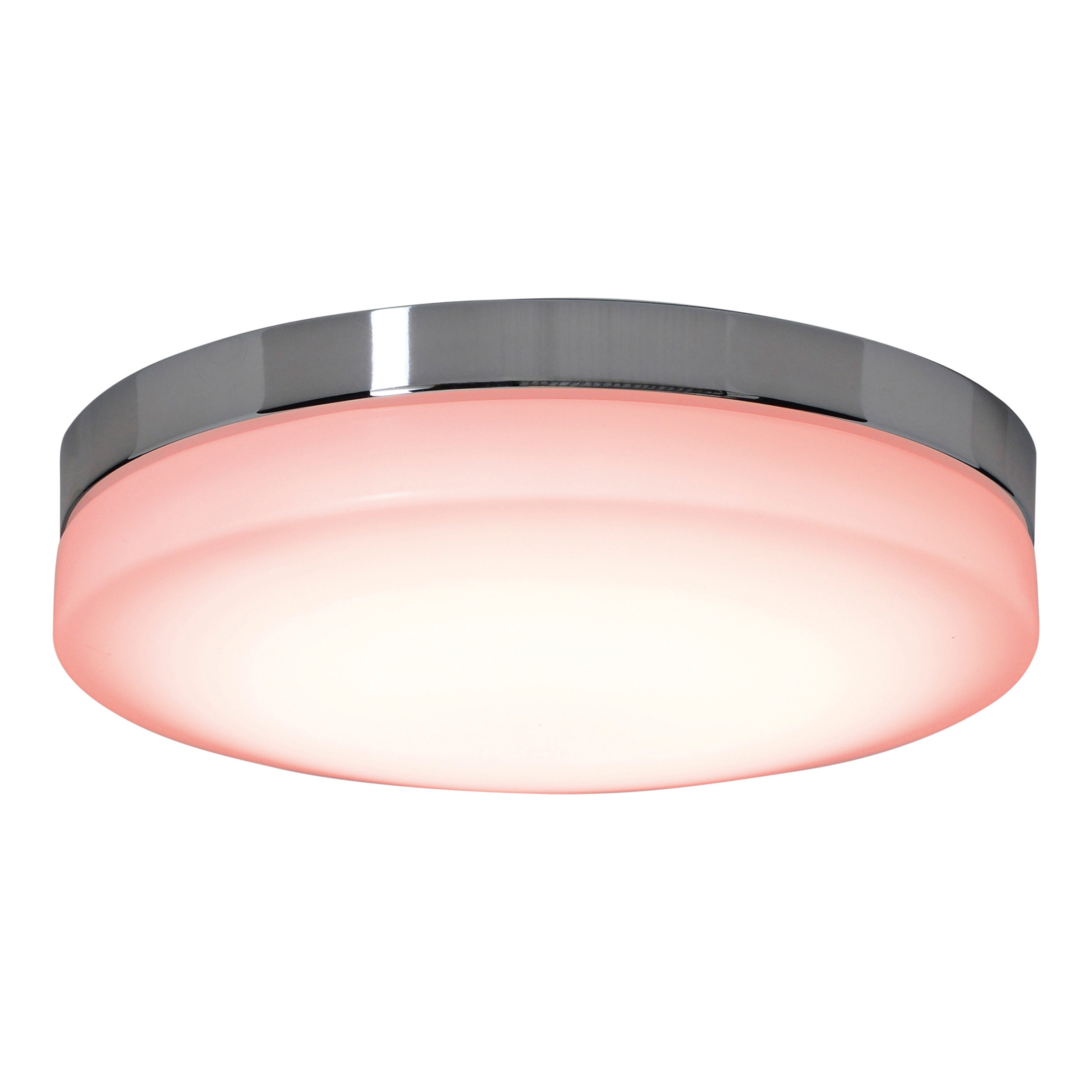 Eine Deckenleuchte mit Chromrand und einem rosa Schimmer vom Licht.