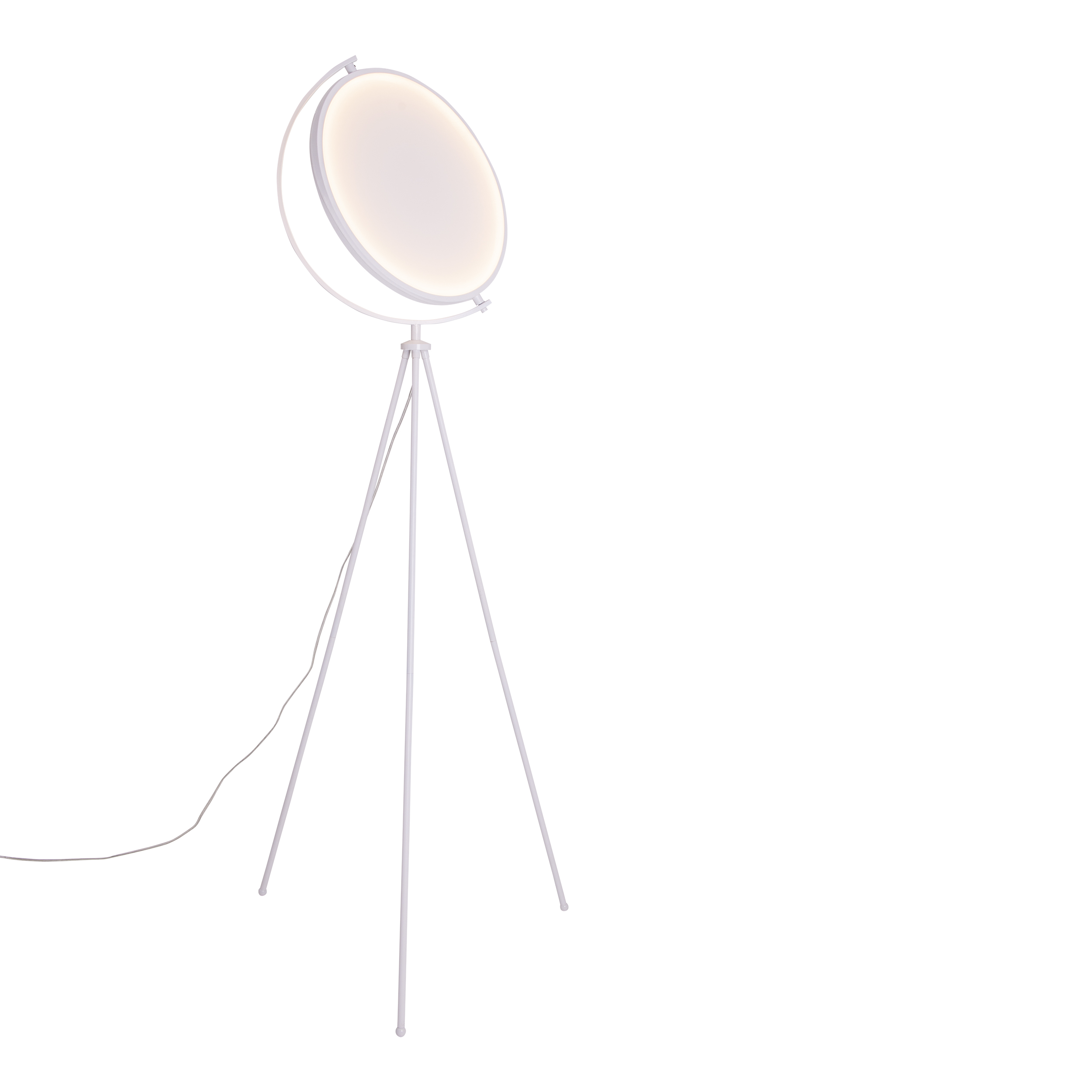 Weiße Stehlampe mit rundem, weißem Licht und drei weißen Beinen. Es ist auf weißem Hintergrund.