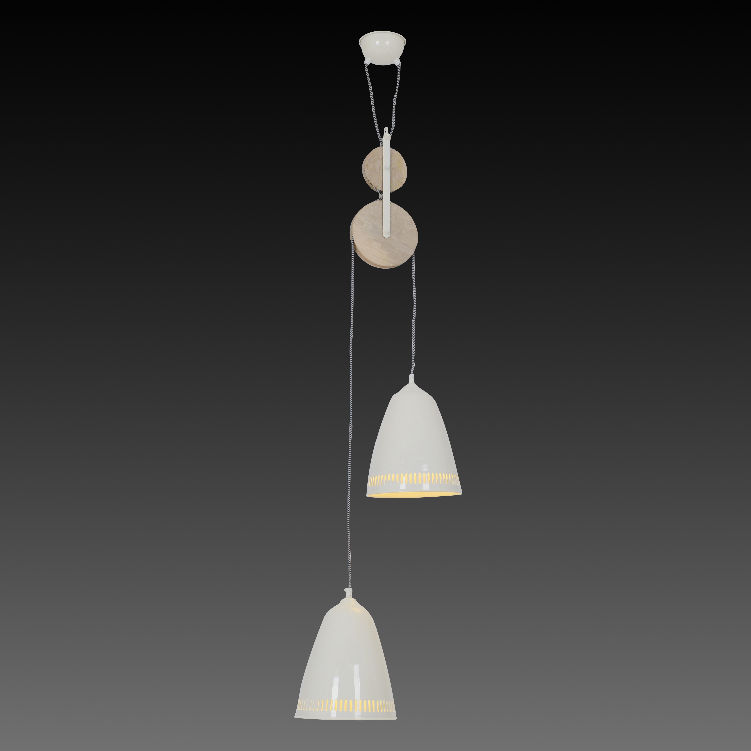 Weiße Pendelleuchte mit zwei kegelförmigen Lampen, die von einer weißen Decke hängen.