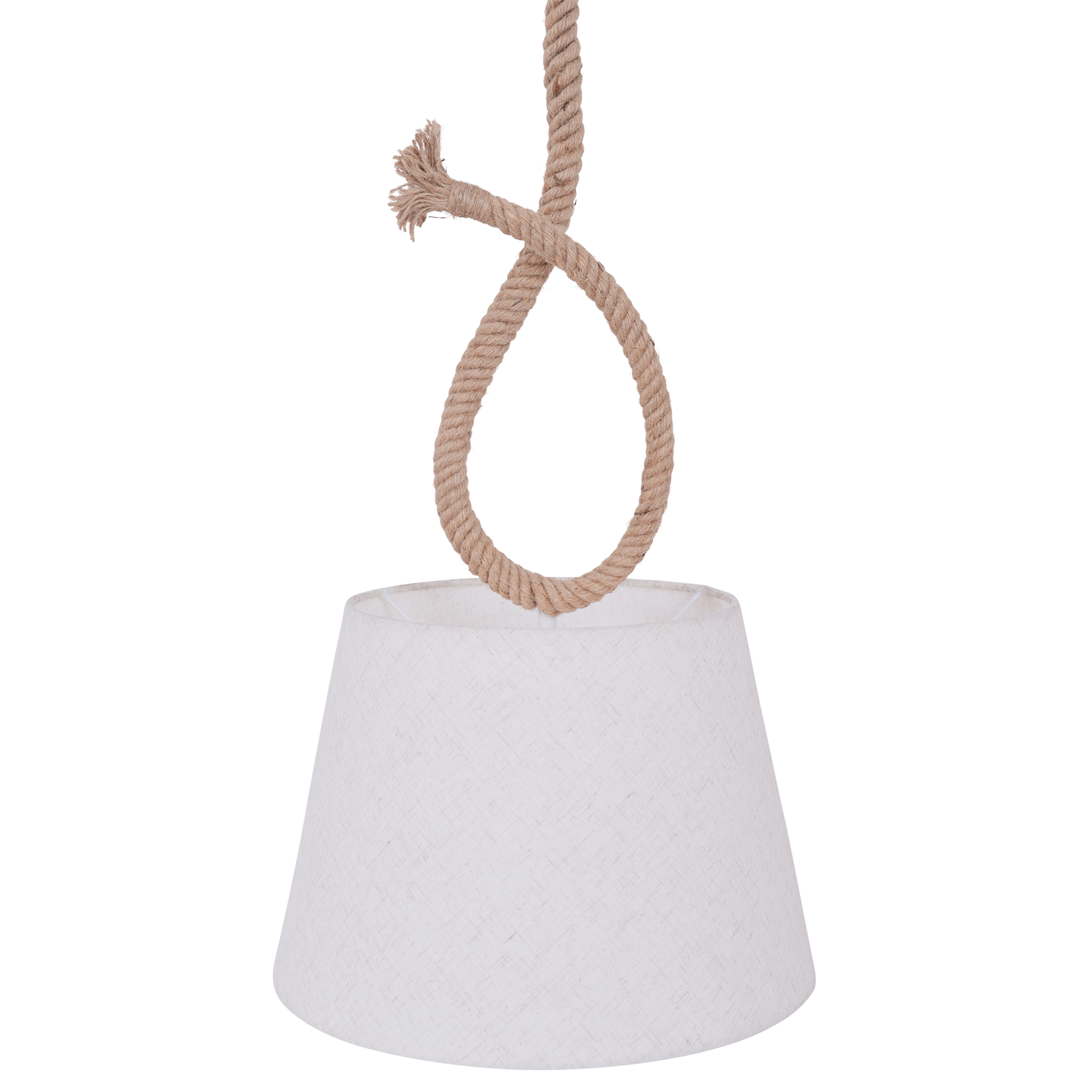 Weißer Stofflampenschirm mit Seilgriff, hängt an einem weißen Kabel, isoliert.