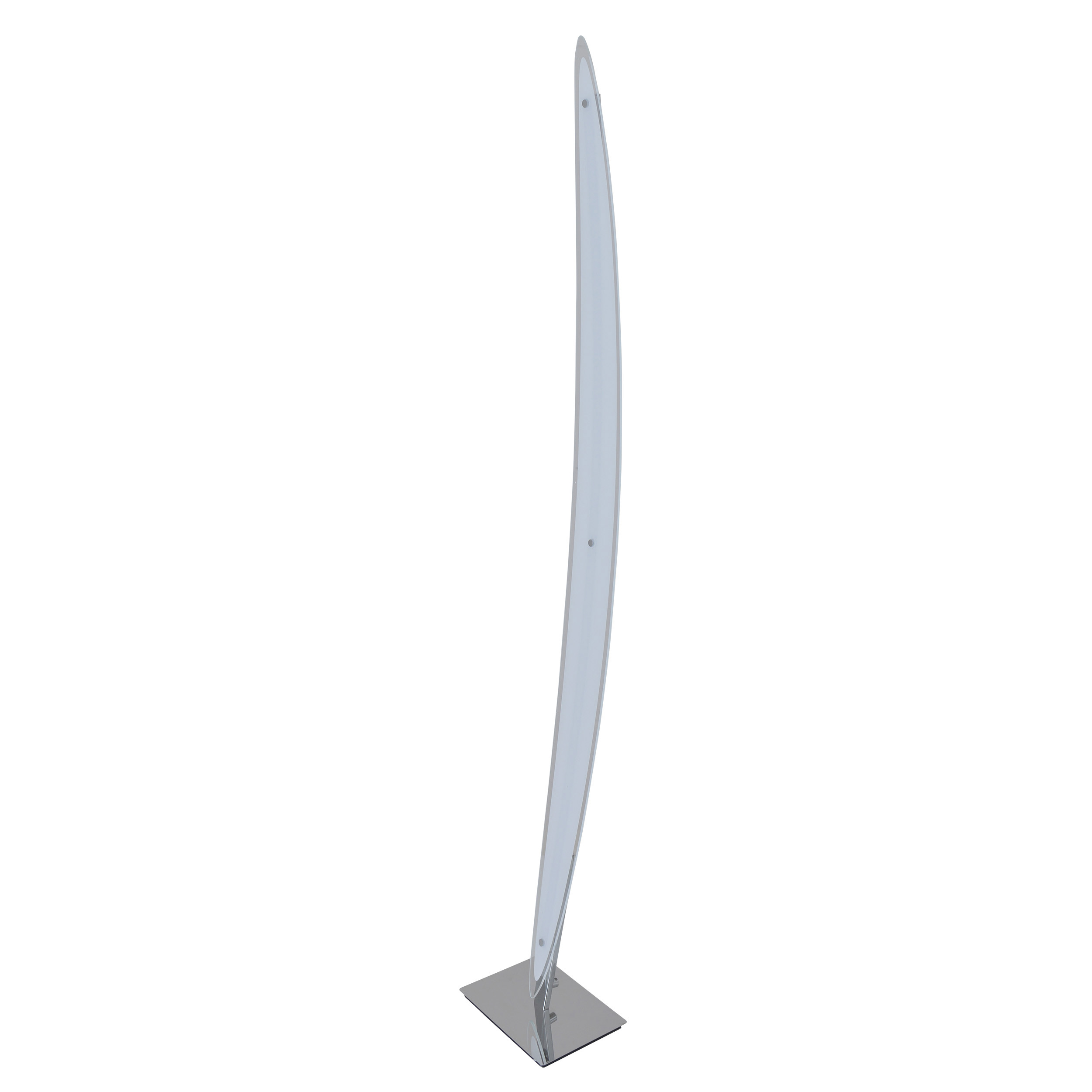 Eine hohe, geschwungene Stehlampe. Sie hat einen silbernen Sockel und eine schlanke, weiße, geschwungene Lichtleiste.
