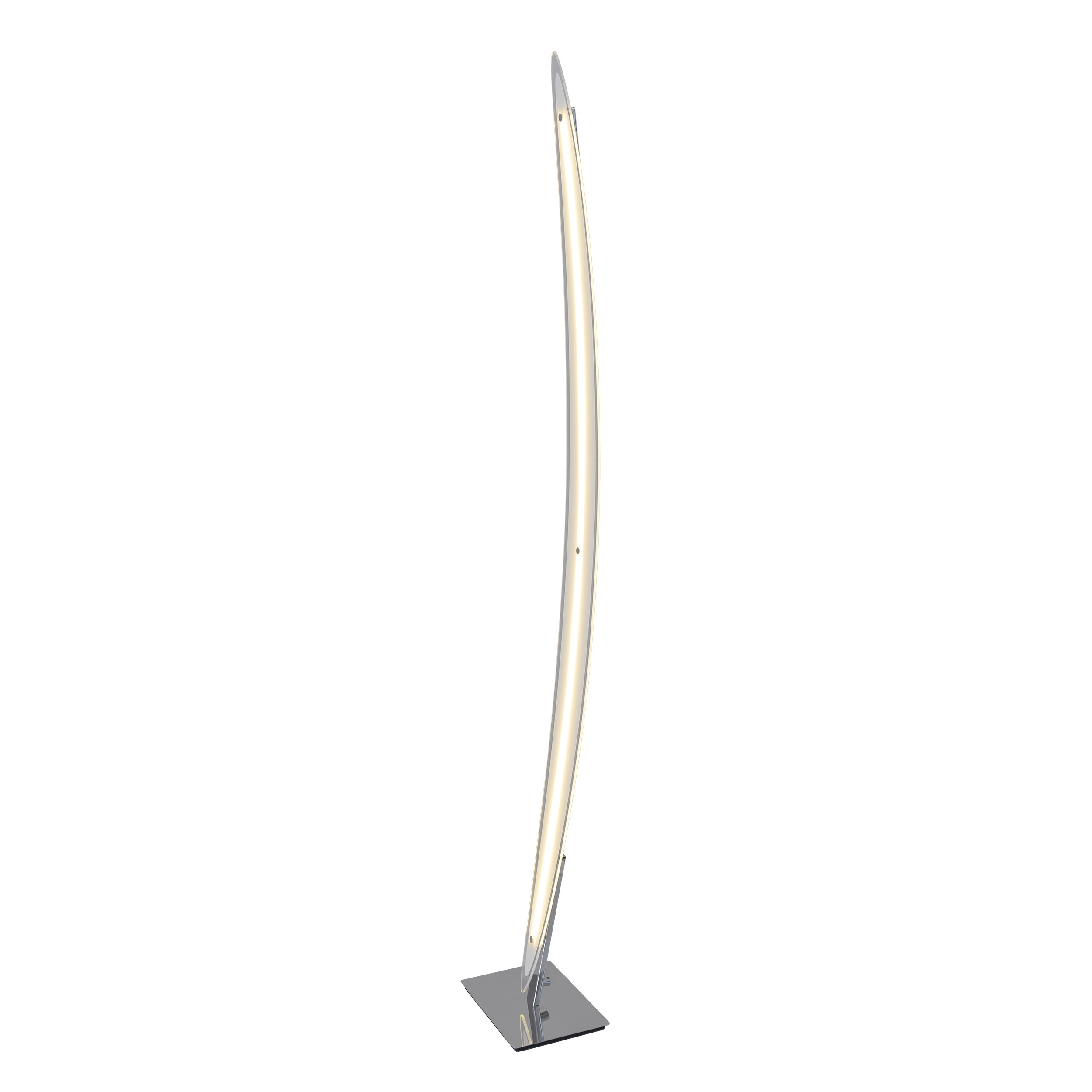 Moderne, gebogene Stehlampe mit hellem Licht, auf Metallfuß, isoliert auf Weiß.