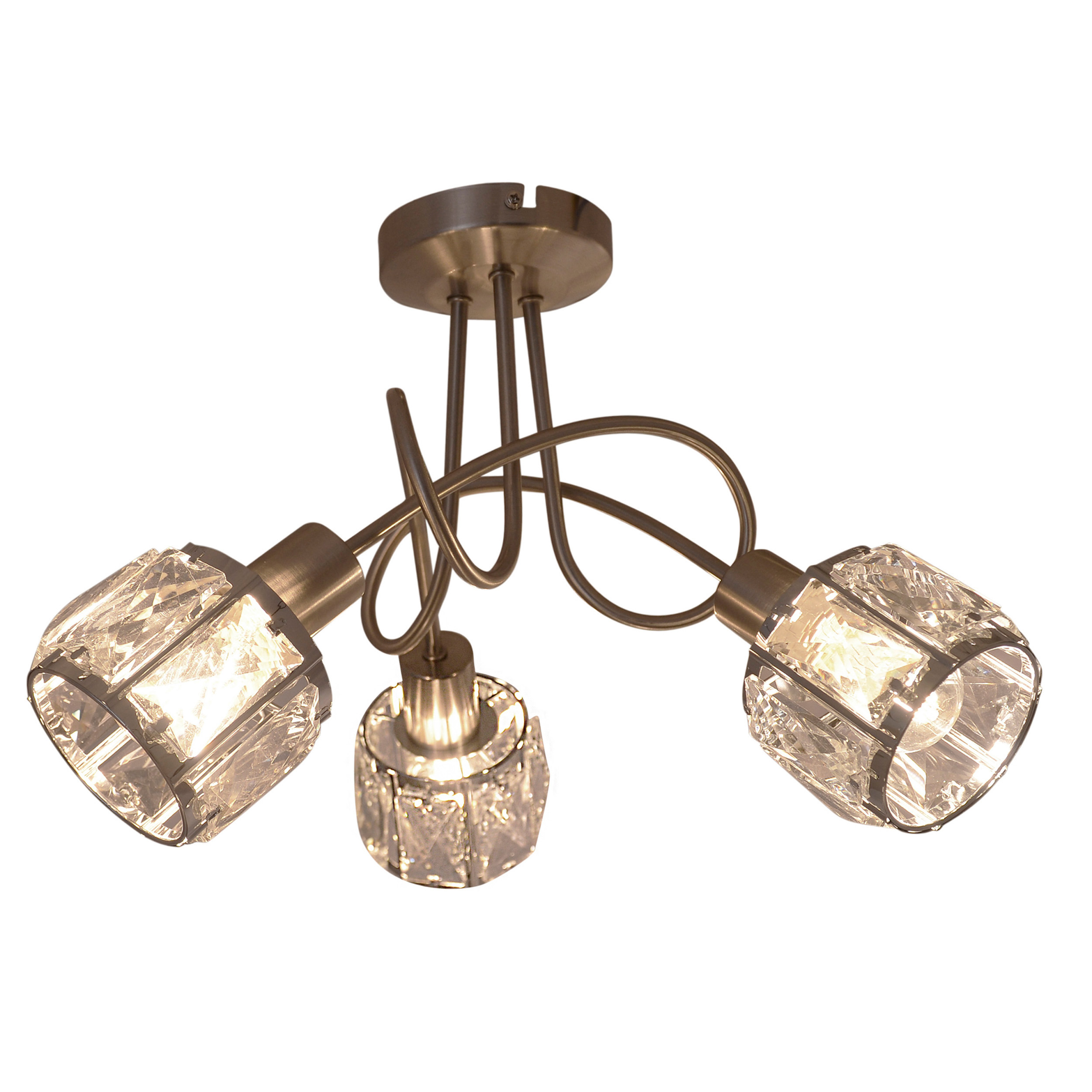 Deckenleuchte mit drei Kristallschirmen und Bronze-Finish.