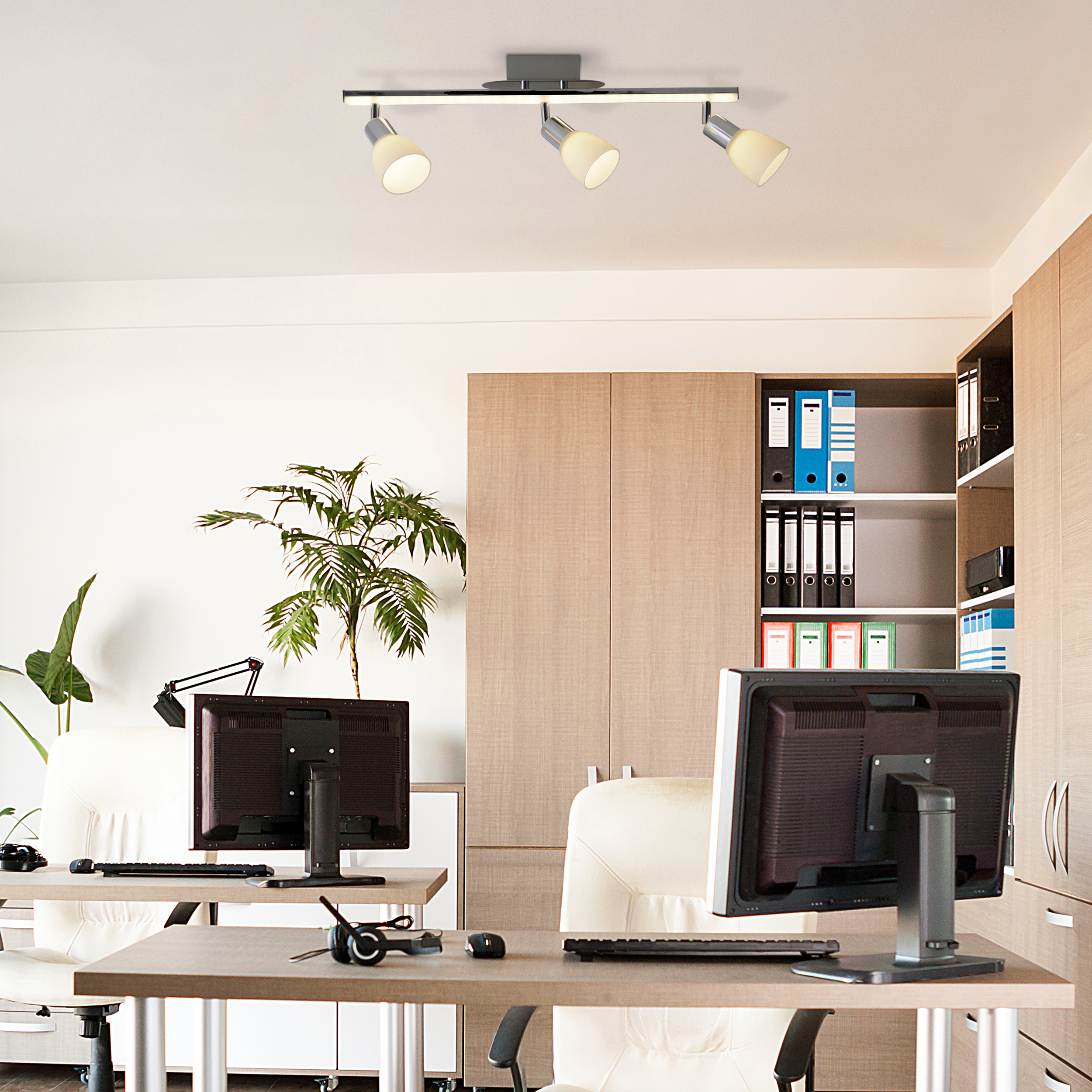 Büro mit drei Strahlern, Schreibtischen, Computern und einer Pflanze. Helle Holzschränke.