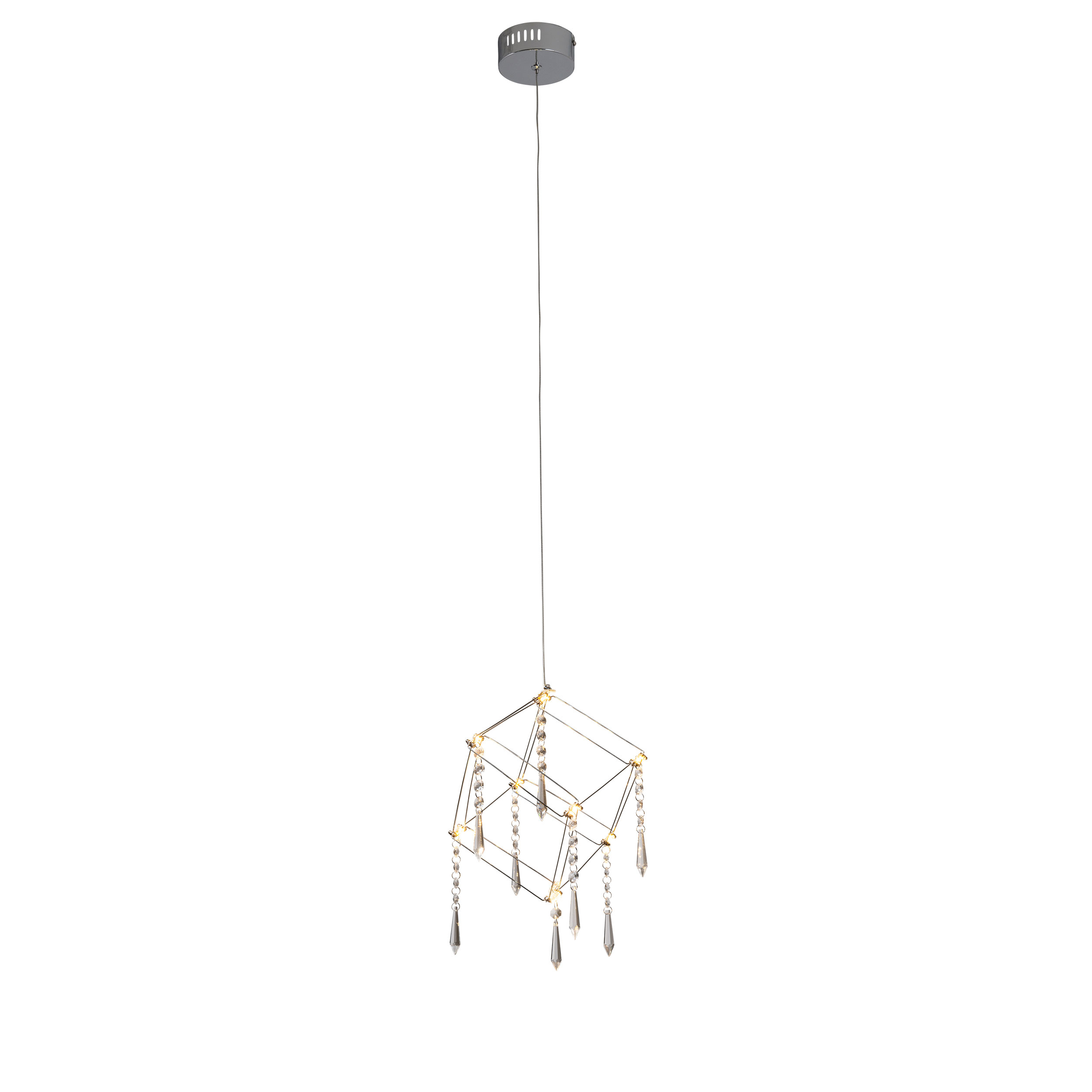Eine moderne geometrische Pendelleuchte mit Chrom-Finish und hängenden Kristallen.