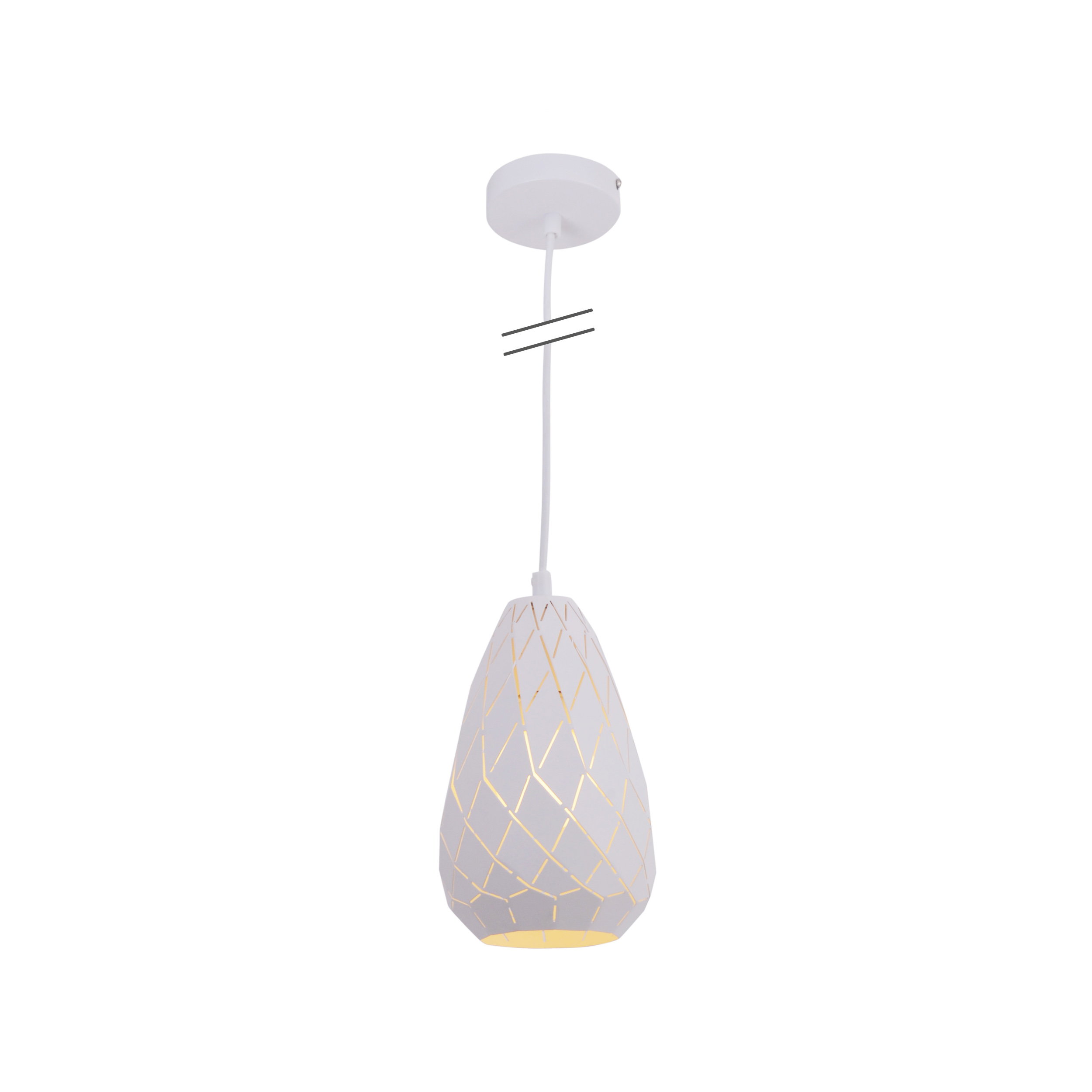 Weiße Pendelleuchte. Tropfenform mit geometrischem Goldmuster. Weiße Deckenhalterung und Kabel.