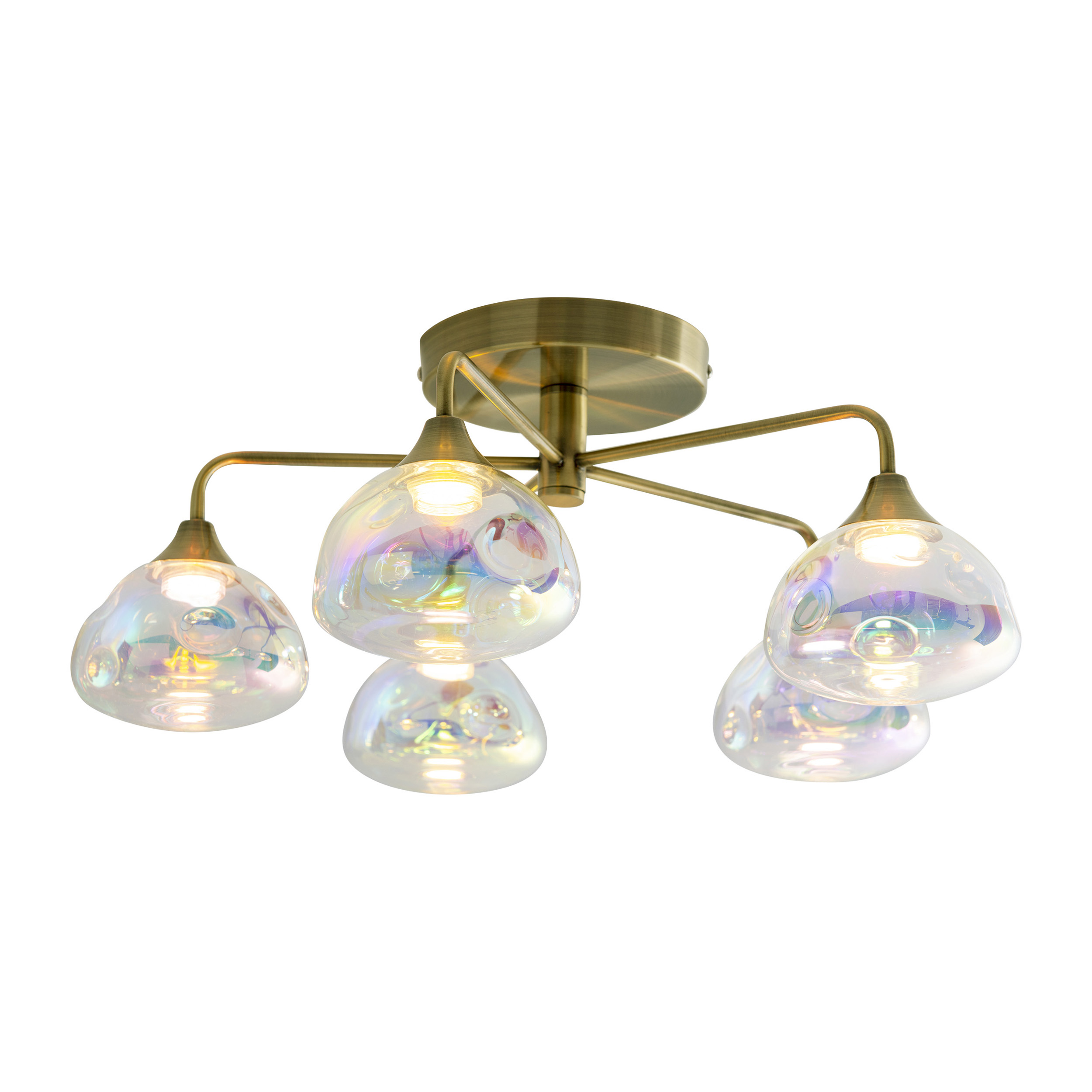 Deckenleuchte mit vier Lampen, jede mit einem blasenartigen, irisierenden Glasschirm.