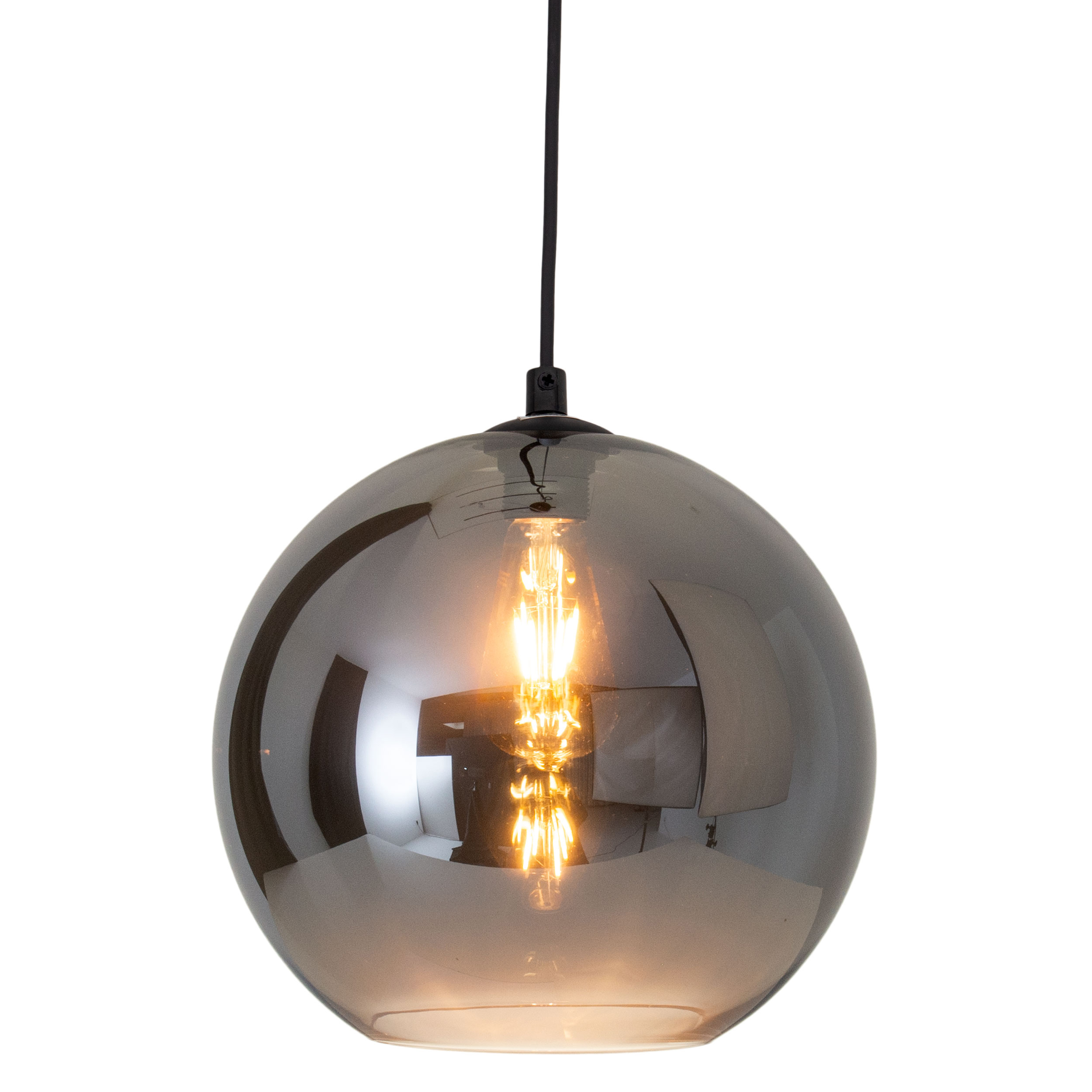 Suspension ronde en verre gris, avec une ampoule allumée à l'intérieur.