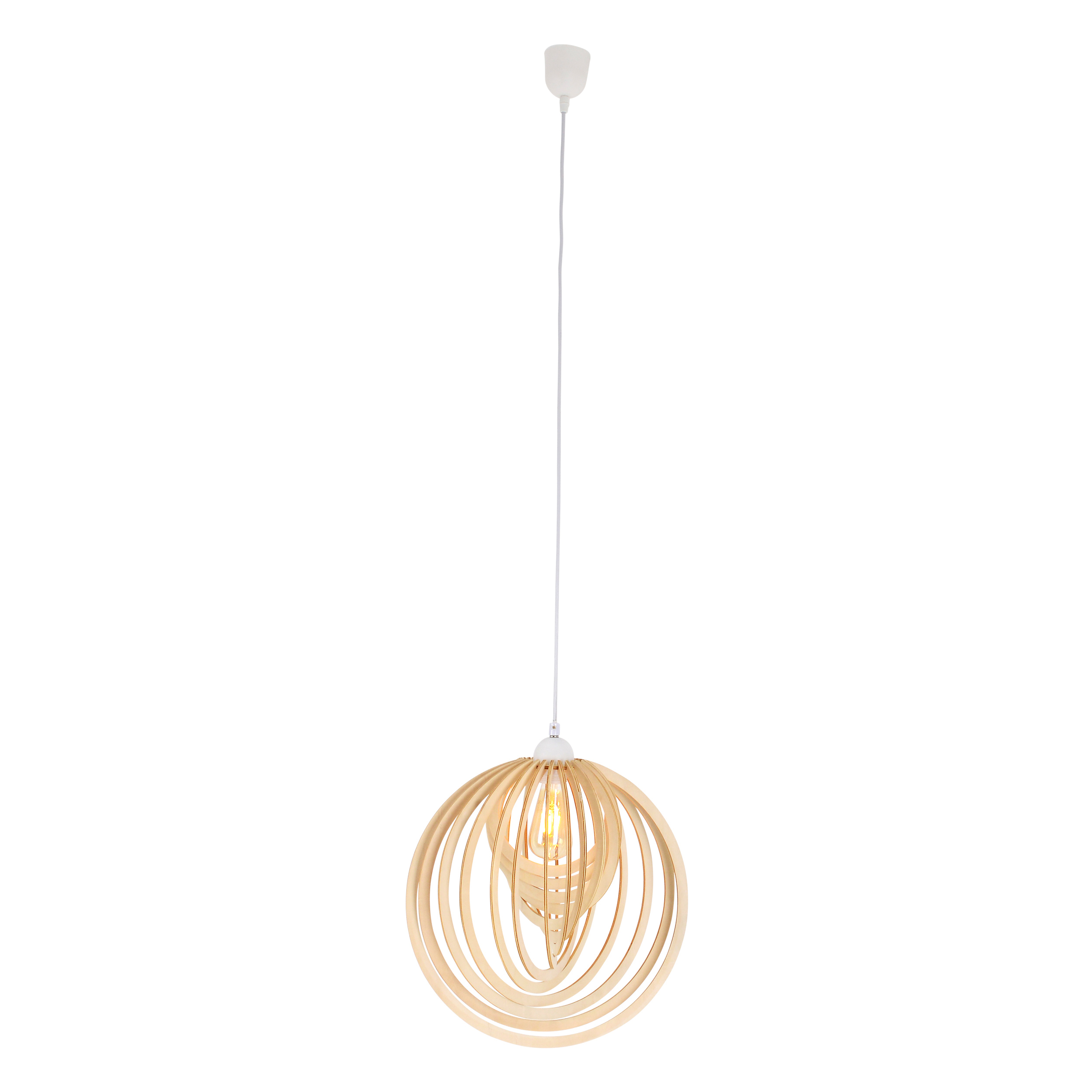 Holz-Kugel-Pendelleuchte. Kreisförmige Form mit konzentrischen Ringen. Weiße Deckenhalterung und Kabel.