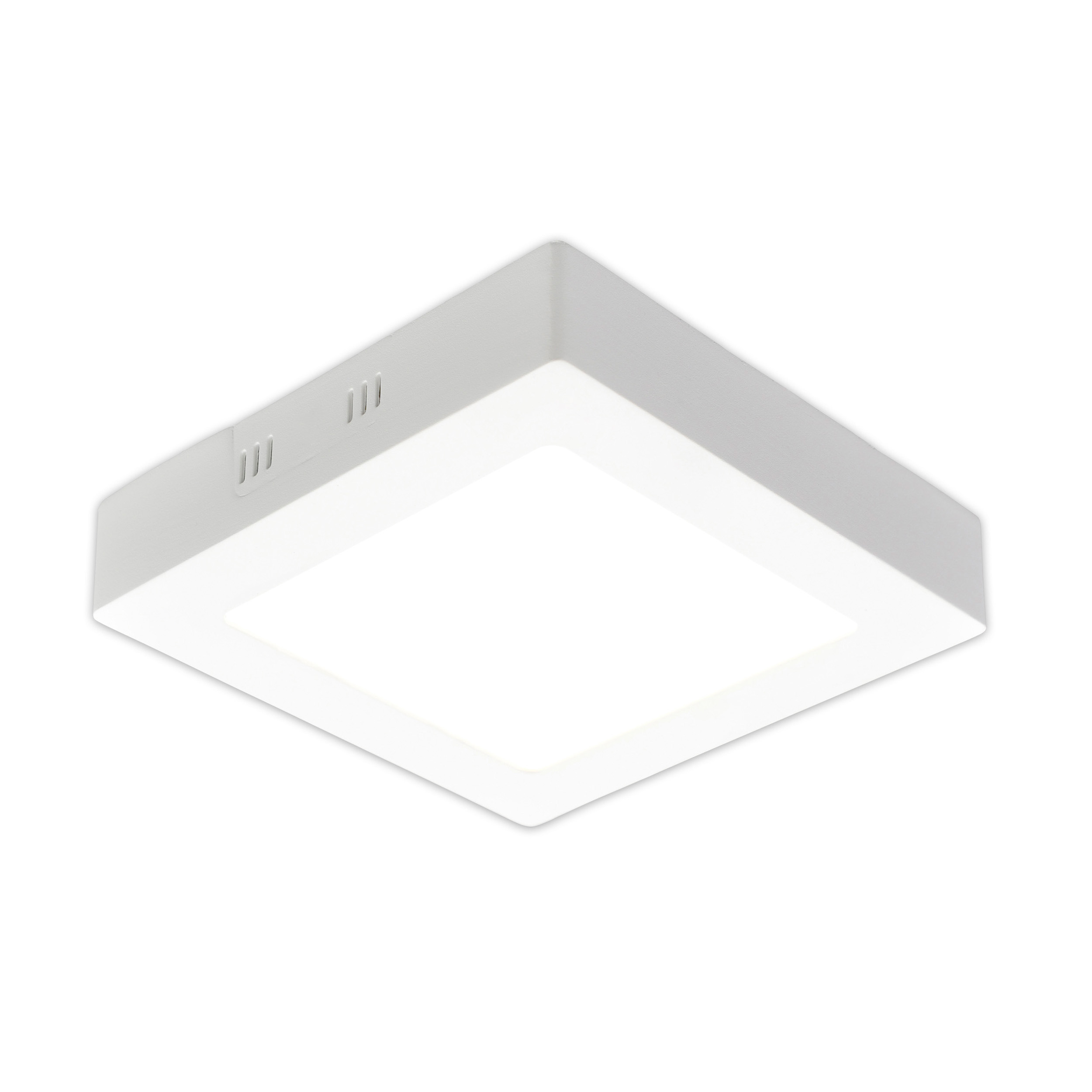 Quadratisches, weißes LED-Paneel-Einbauleuchte auf weißem Hintergrund. Es ist eingeschaltet und strahlt Licht aus.