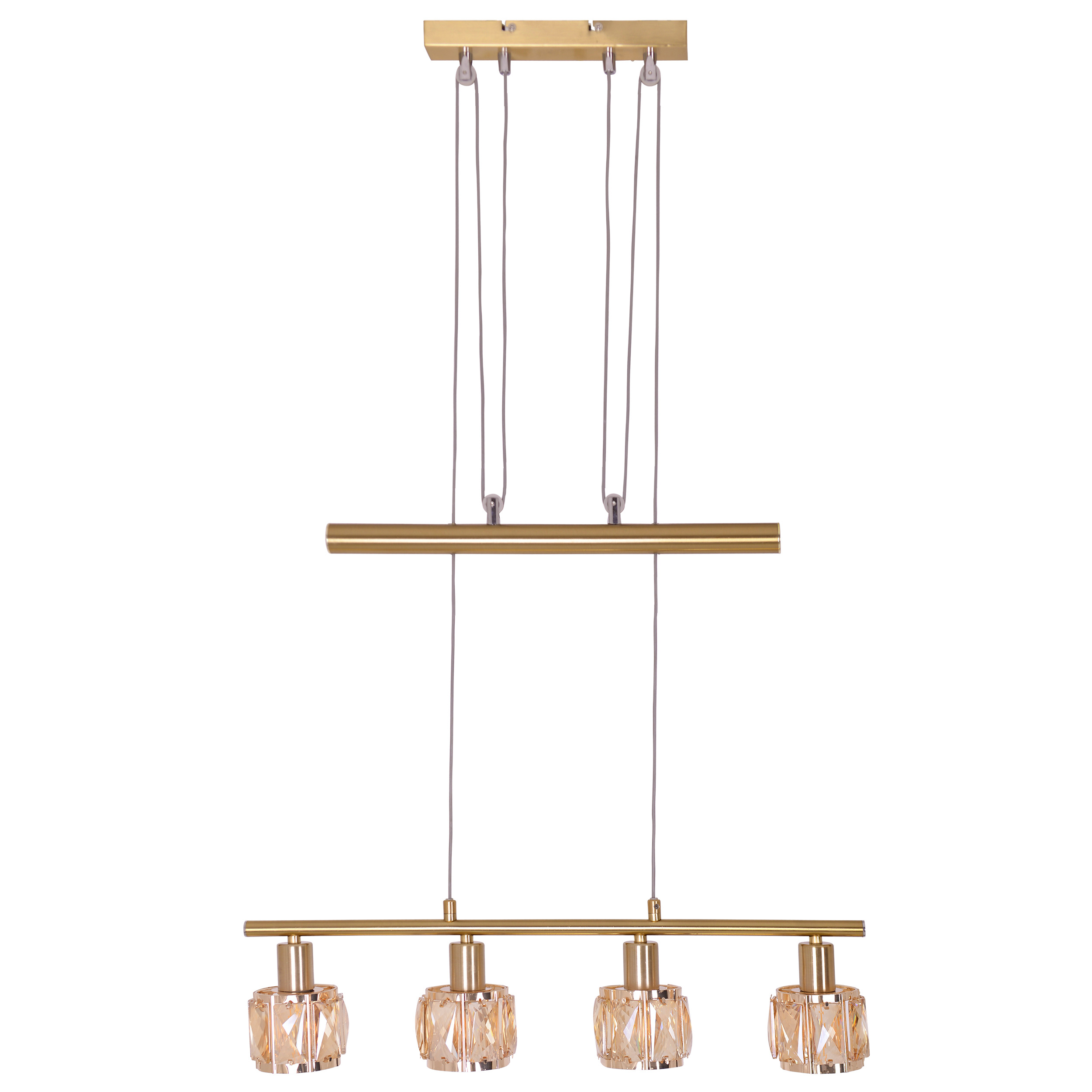 Ein goldfarbener Kronleuchter mit vier Glasschirmen.