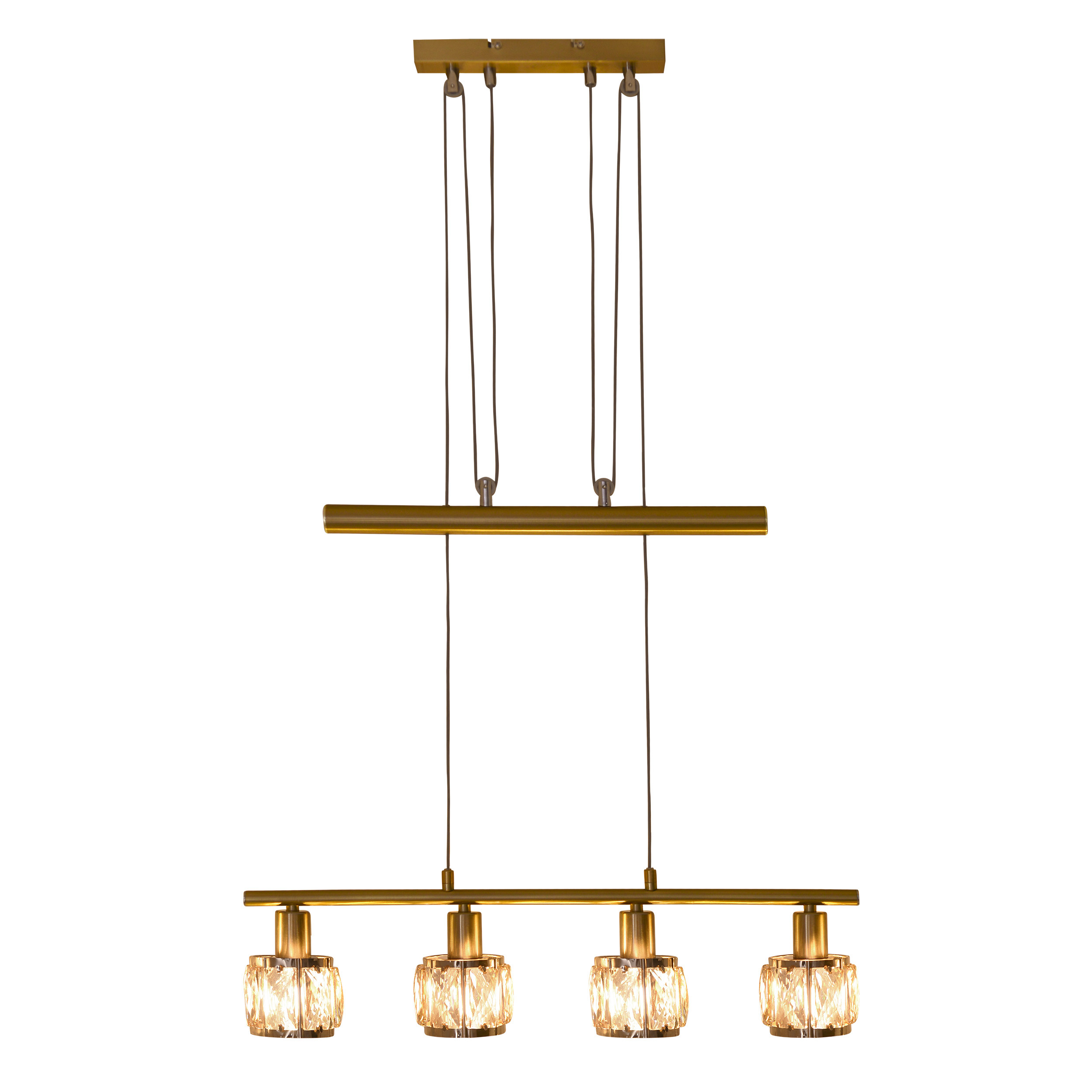Eine moderne Messing-Kronleuchter mit vier Kristalllichtern, hängen von einer weißen Decke.