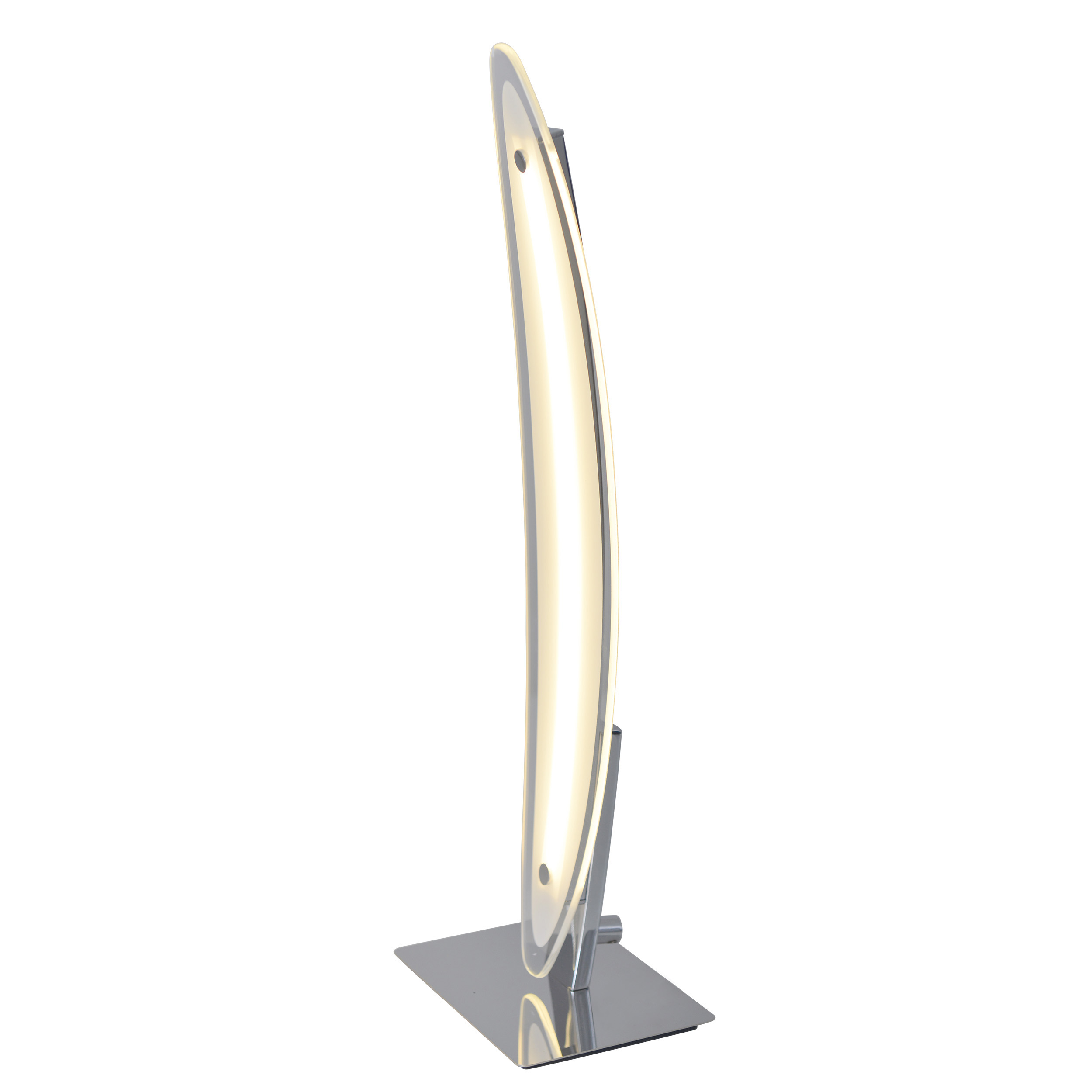 Moderne vertikale Lampe mit gebogenem Lichtstreifen, weißer Hintergrund.