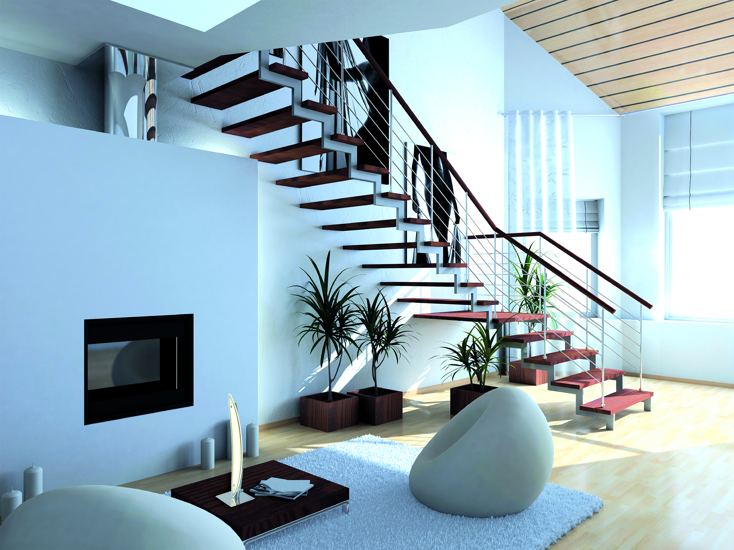Ein modernes Interieur mit Treppe, Pflanzen und Sitzbereich.